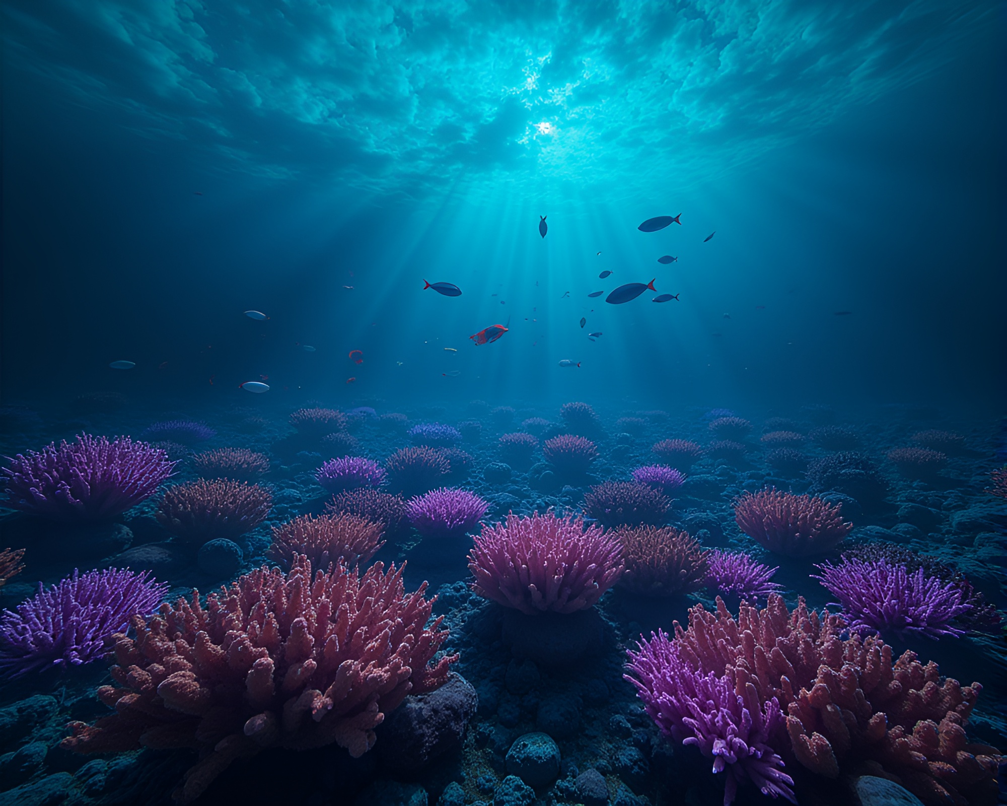 Eerie Bioluminescent Coral Reef Glowing Under Polluted Sky – free AI stock image