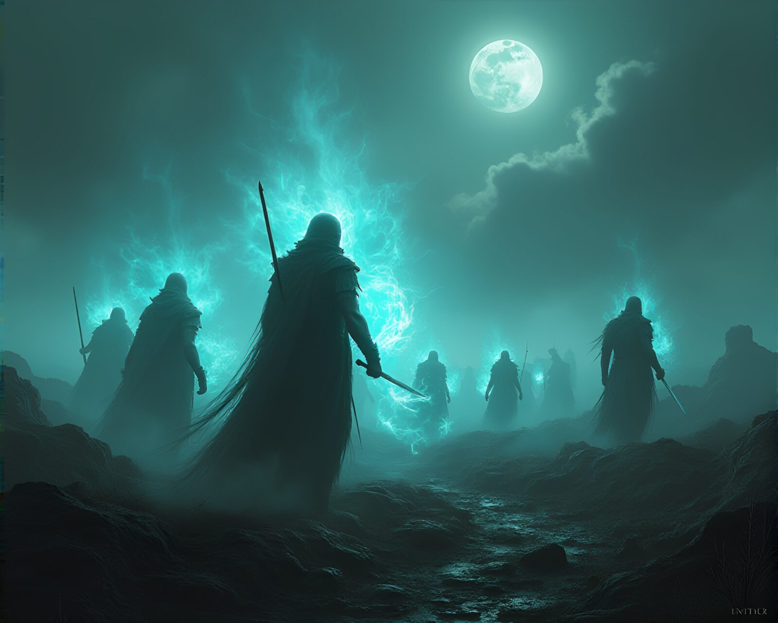 Ominous battlefield with spectral energy and ancient warriors haunting
