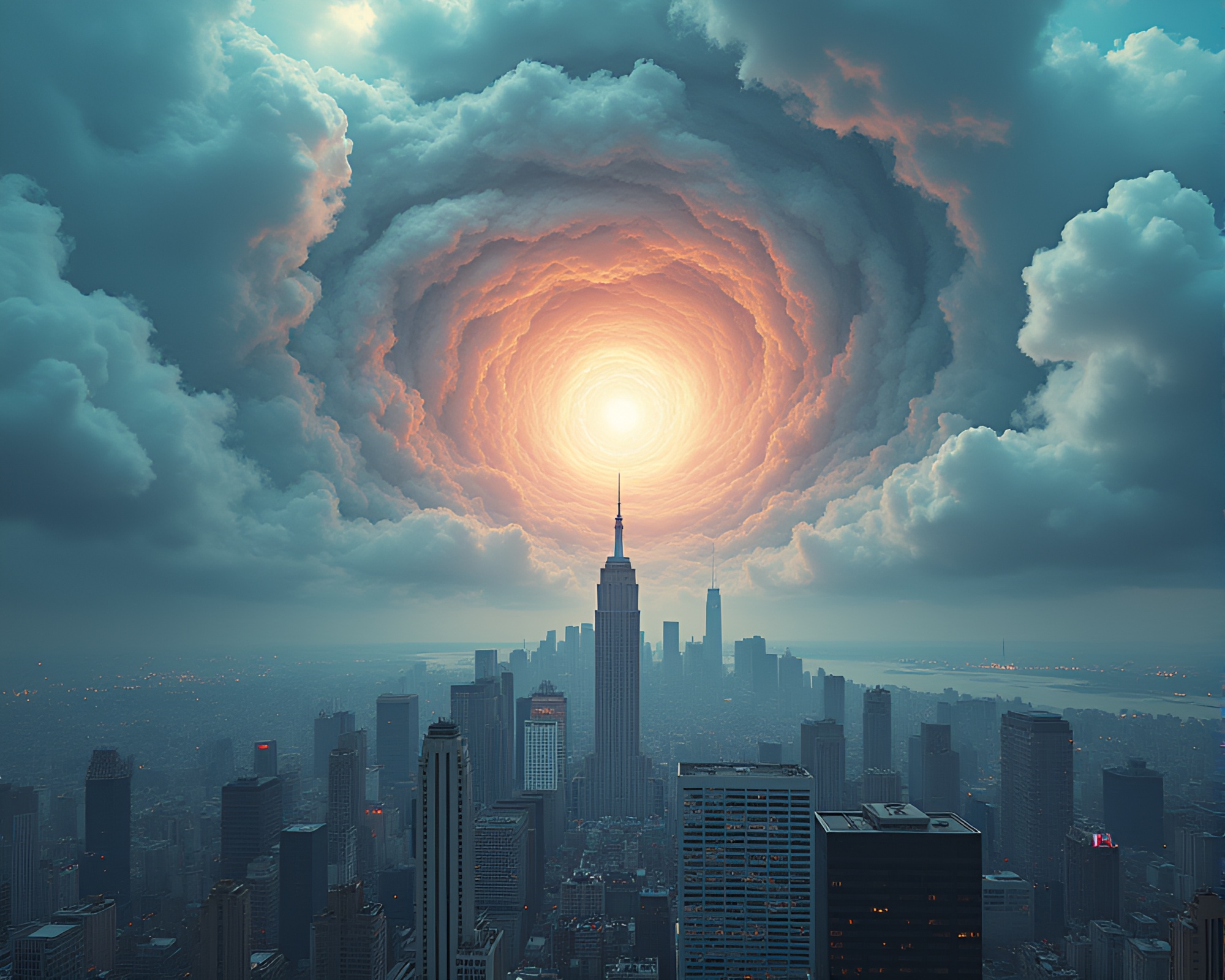 Dystopian Cityscape Merging with Surreal Clouds – free AI stock image