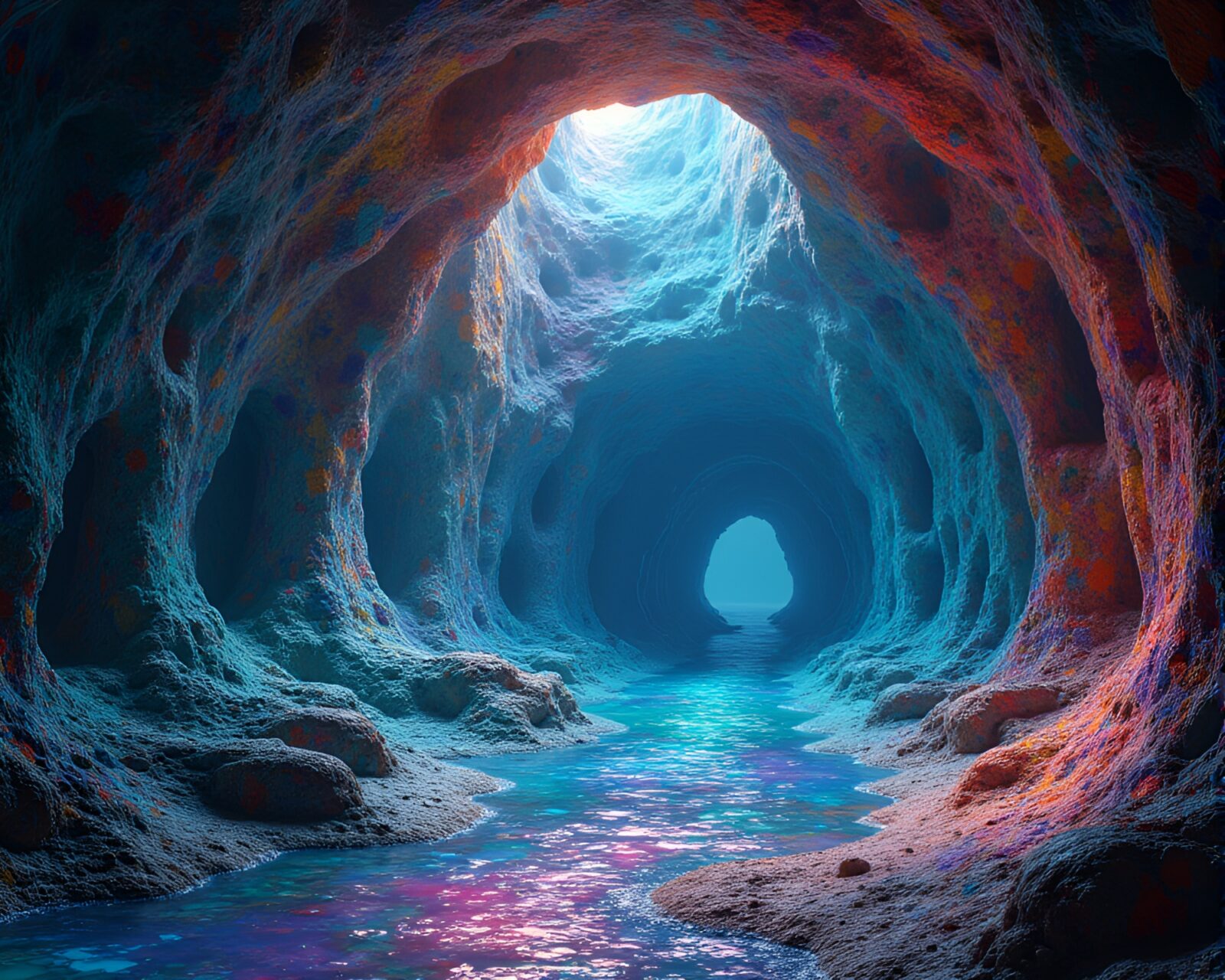 Intricate mosaic tiles shimmer in glowing crystal cavern