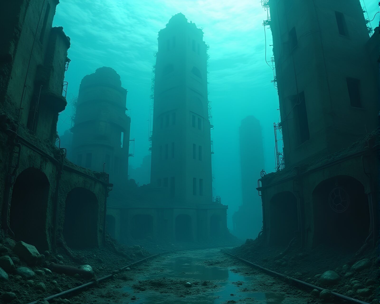 Dystopian illustration of sunken city with abandoned skyscrapers