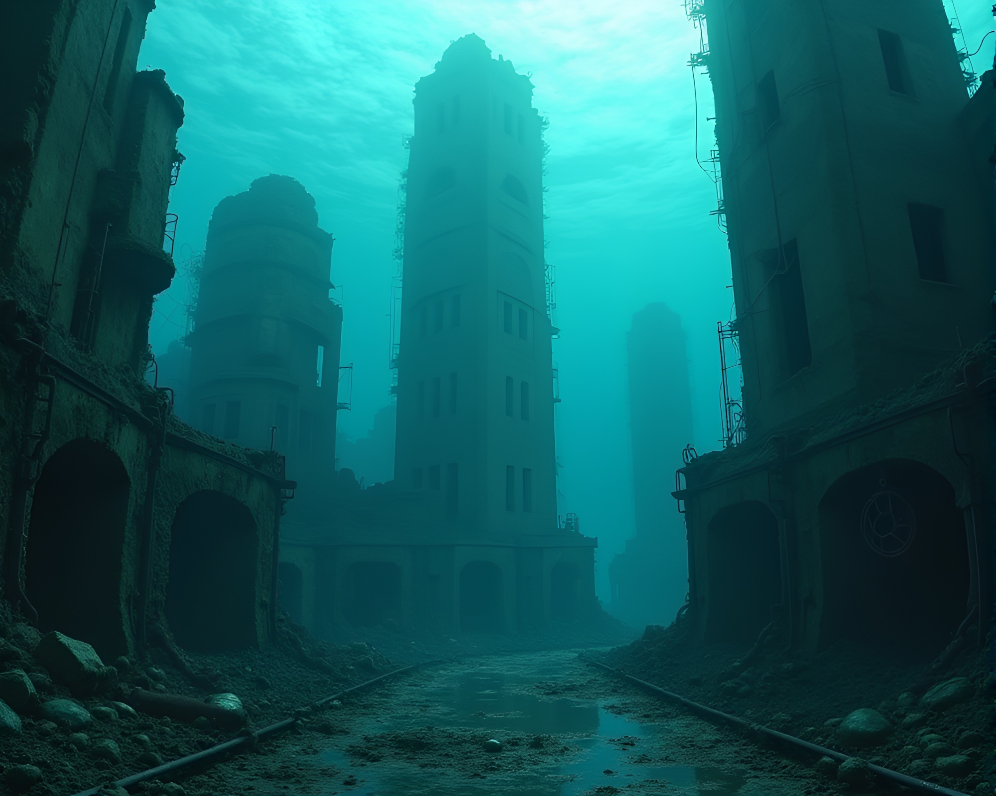 Eerie Sunken Cityscape: Abandoned Metropolis in Dystopia – free AI stock image