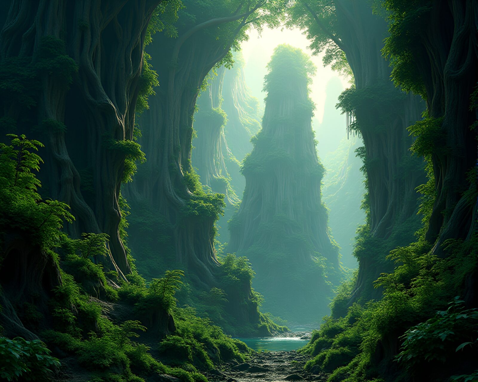 Claustrophobic fractal jungle with lush greenery in digital painting