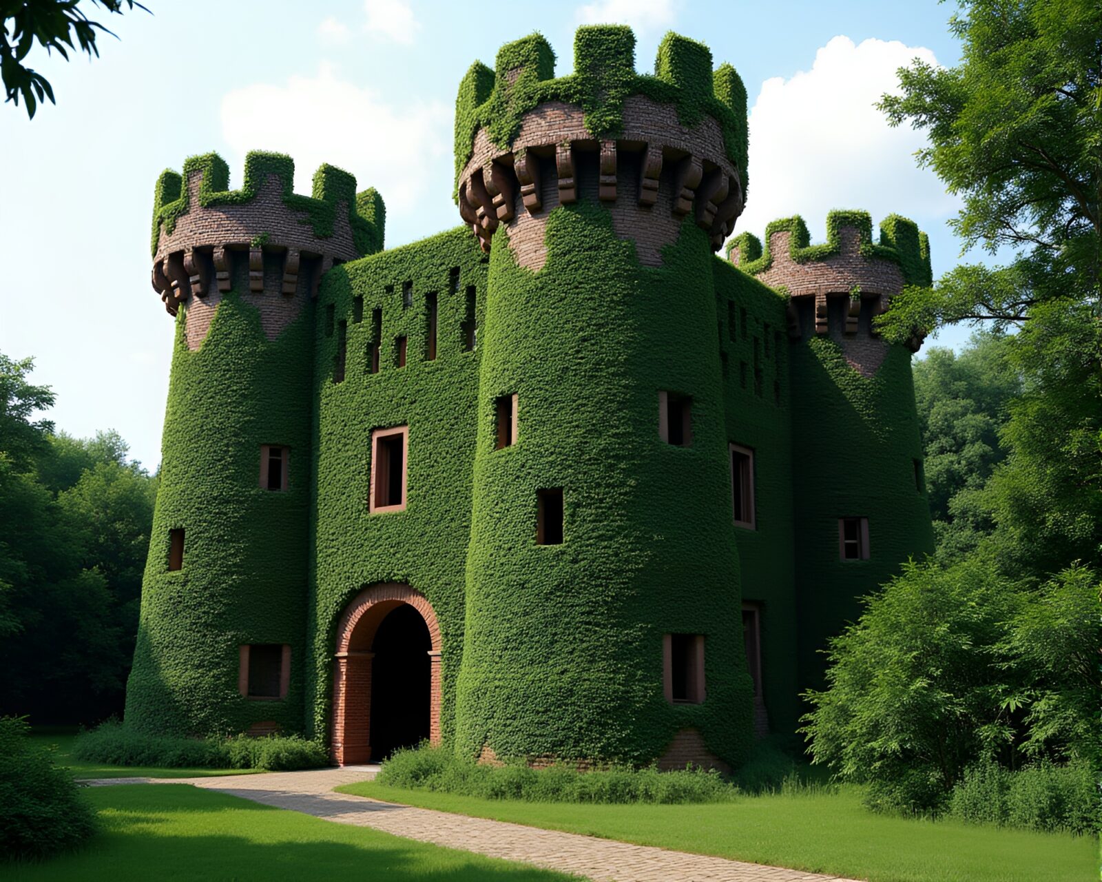 Ivy-twined fortress showcasing intricate architecture and vibrant greenery