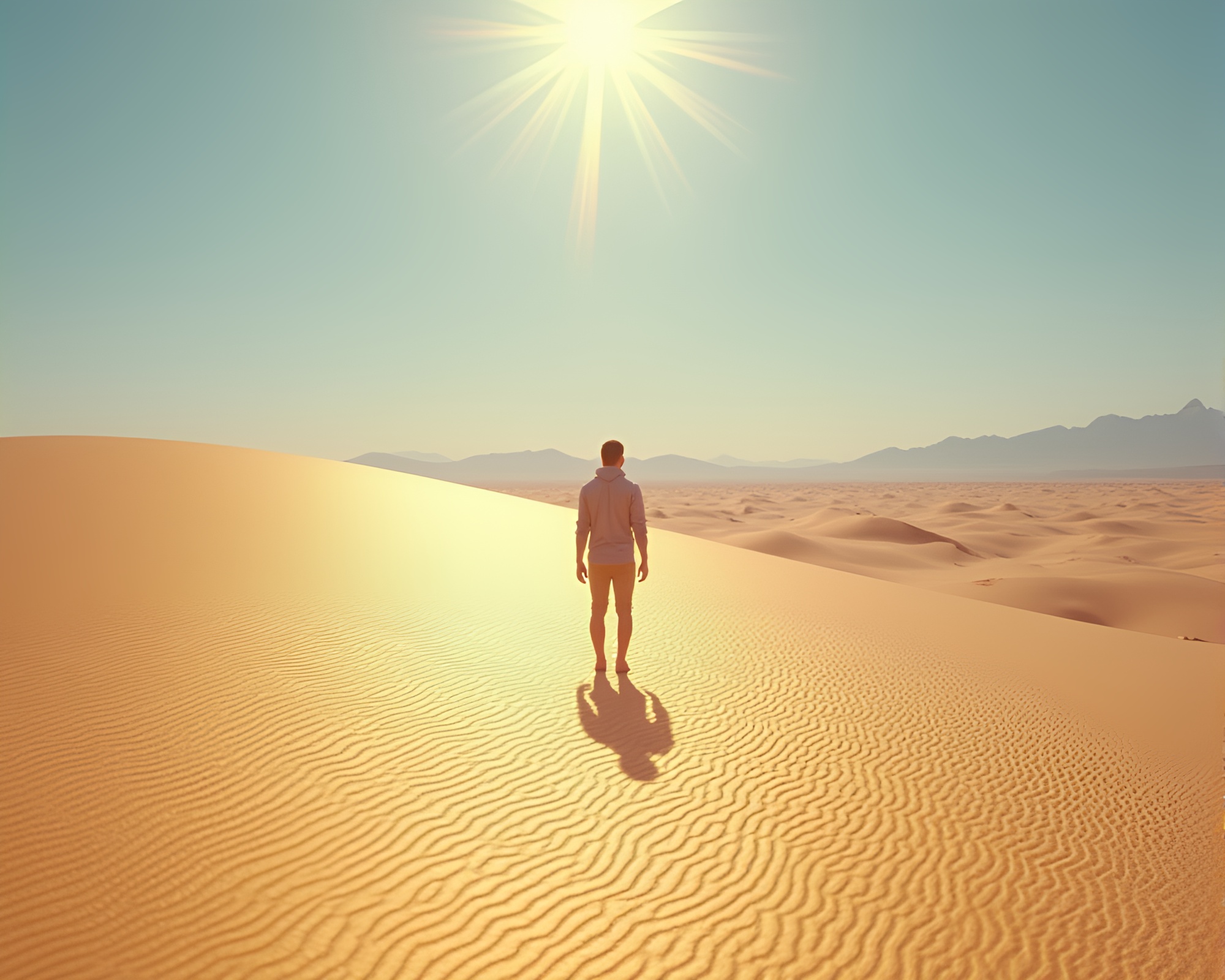 Lonely figure in metallic sand desert panorama – free AI stock image