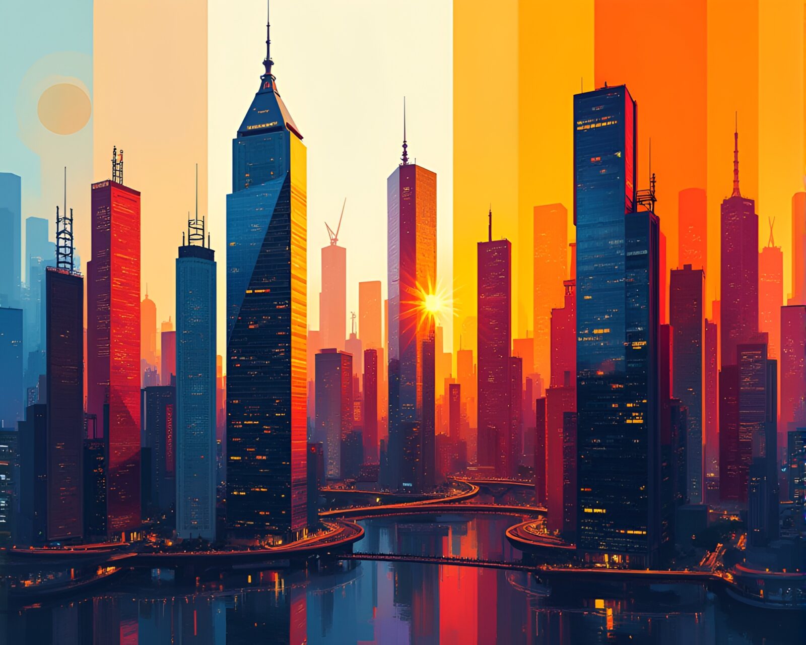 Modern city skyline with abstract geometric skyscrapers in vibrant hues