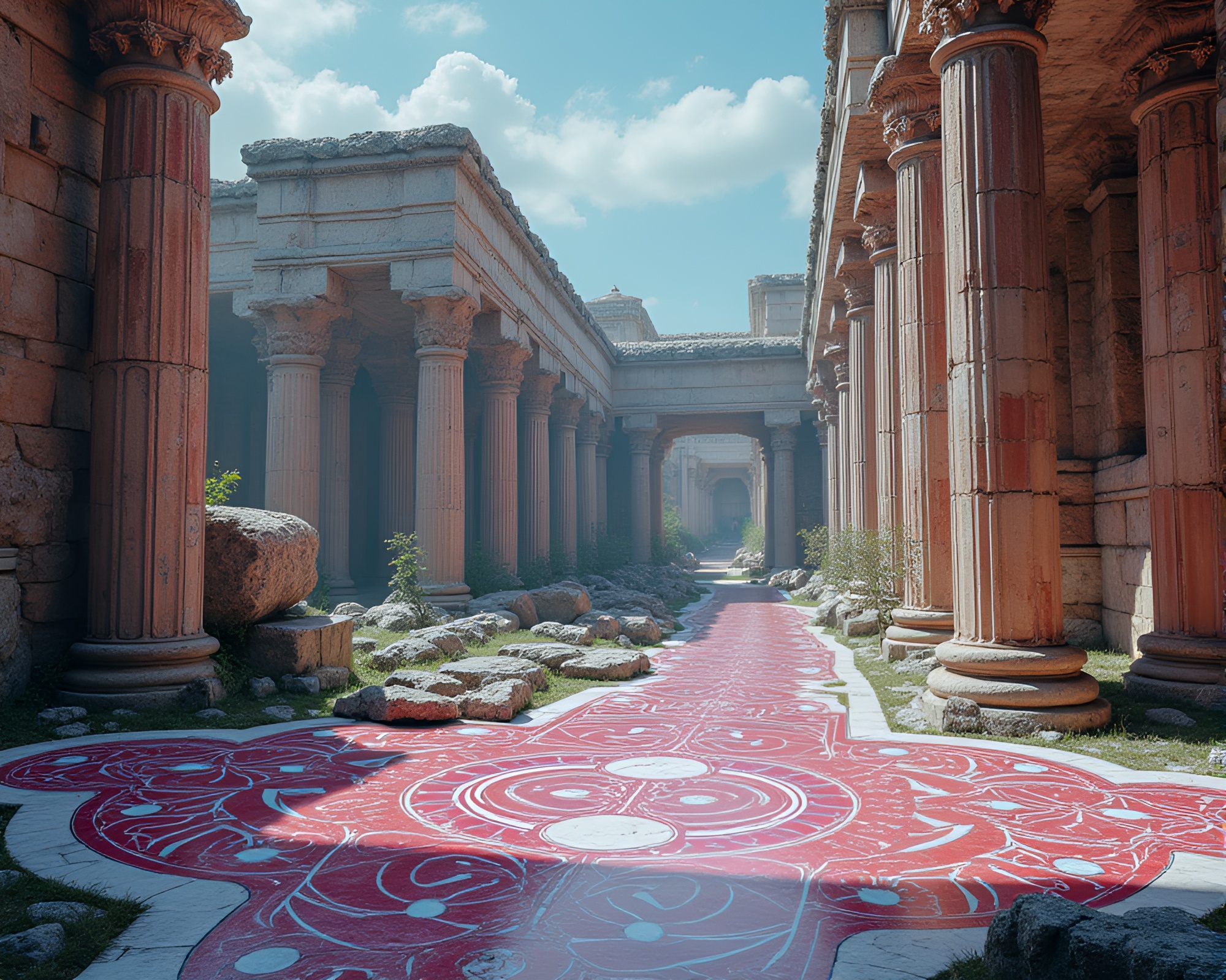Futuristic Embroidered Pattern on Ancient Marble Palace Ruins – free AI stock image