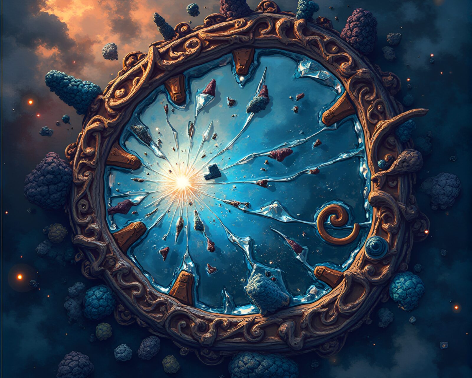 Edgy vector art of shattered mirror reflecting abstract images