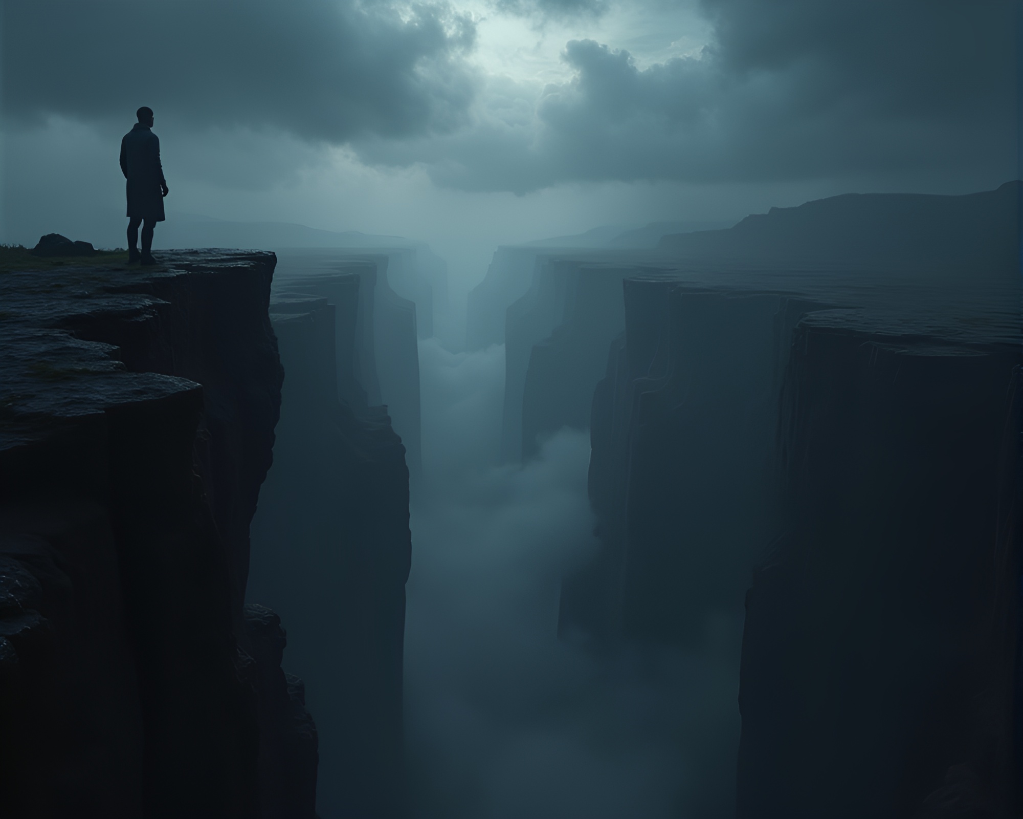 Eerie Portrait: Lone Figure at Edge of Obsidian Canyon – free AI stock image