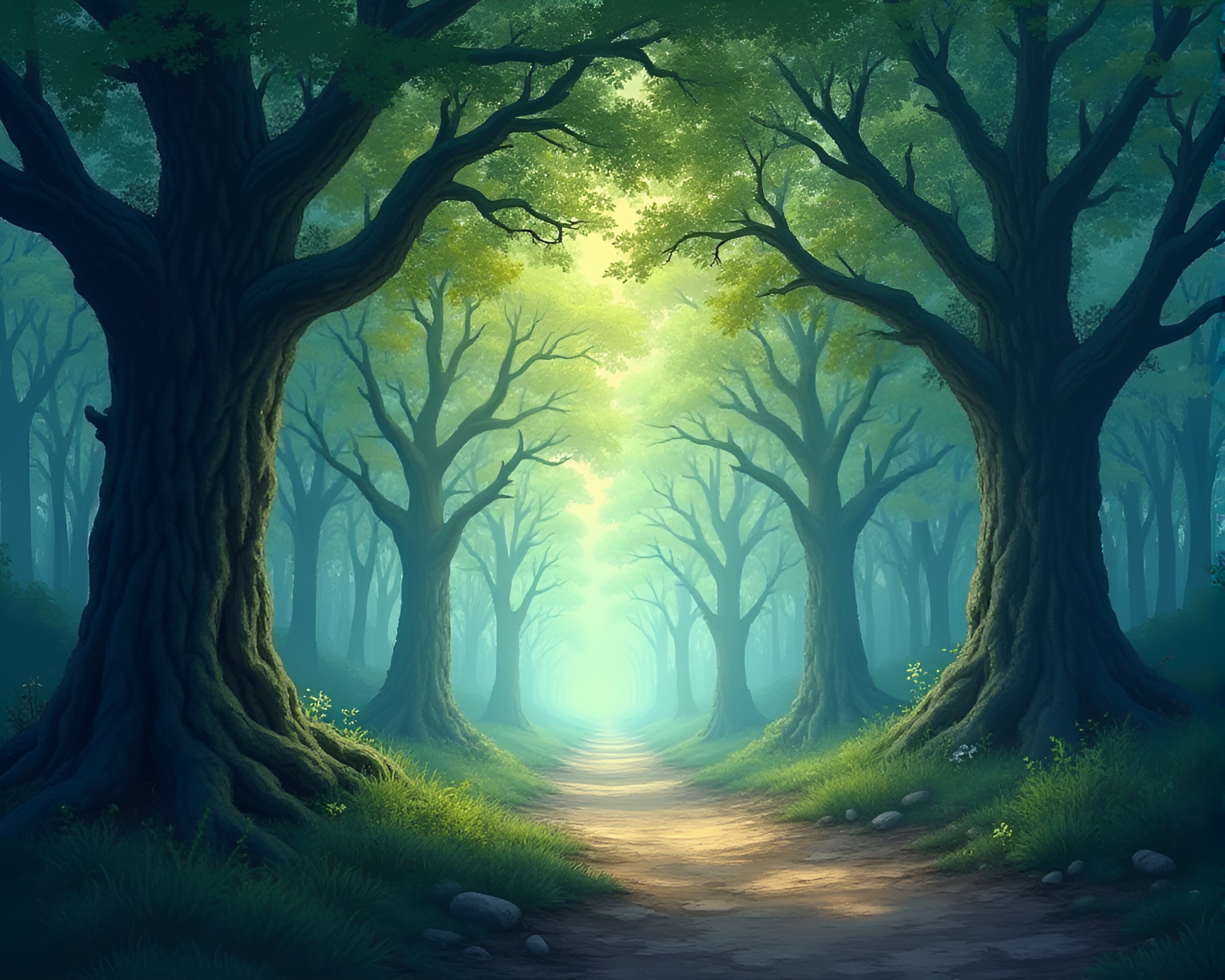 Enchanting Oak Forest in Whimsical Gouache Illustration – free AI stock image