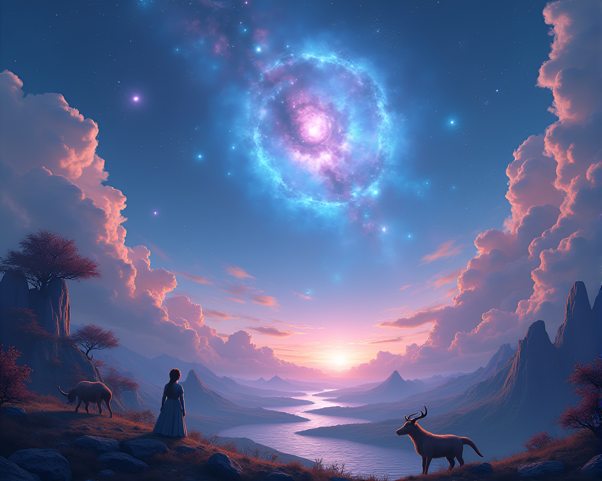 Ethereal Sky Fantasy with Mystical Creatures in 3D – free AI stock image