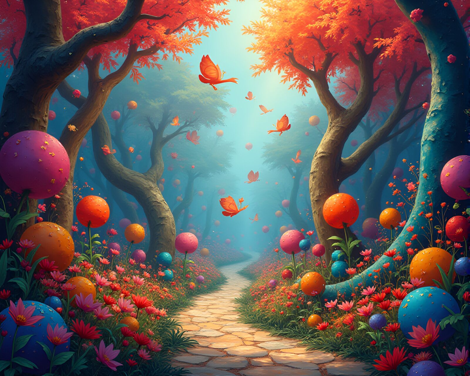 Enchanting scene of colorful abstract shapes in a whimsical garden