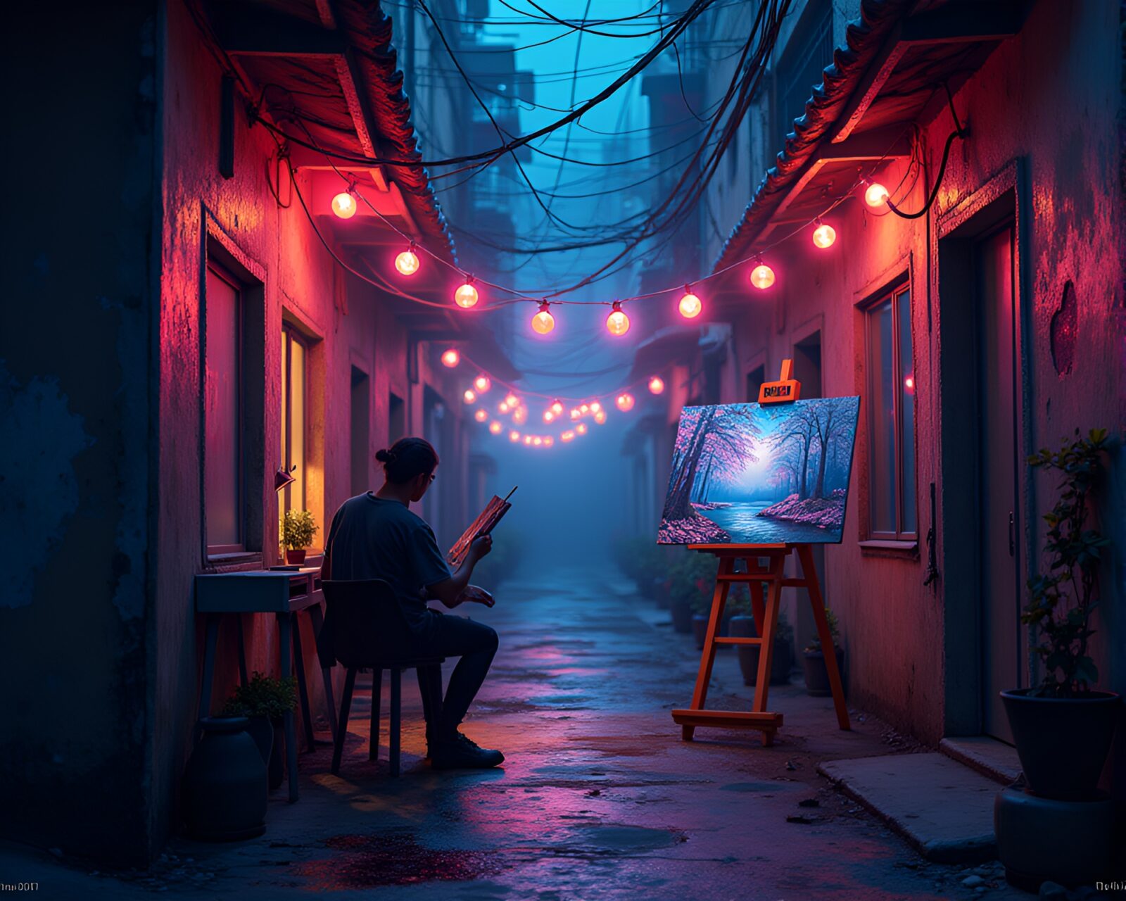Artist painting abstract art in neon-lit alleyway