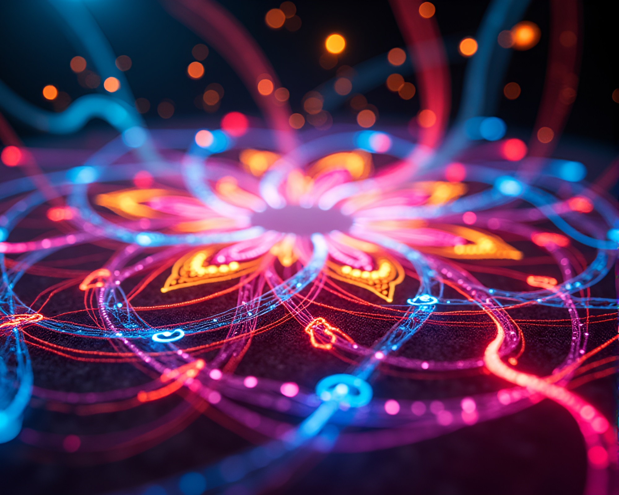 Vibrant Kinetic Light Trails Dance Around Playful Embroidery – free AI stock image