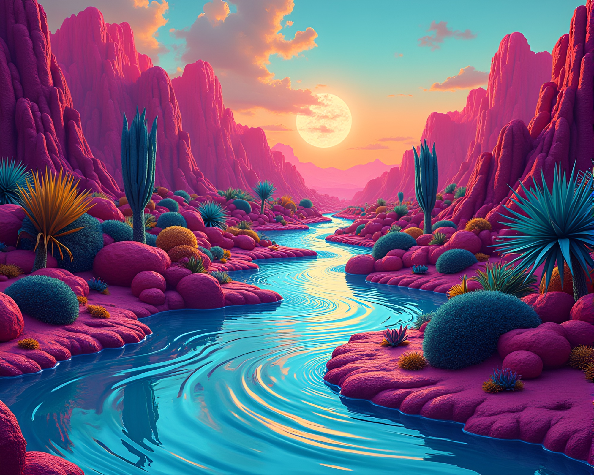 Surreal liquid mercury river in colorful Pop Art landscape – free AI stock image