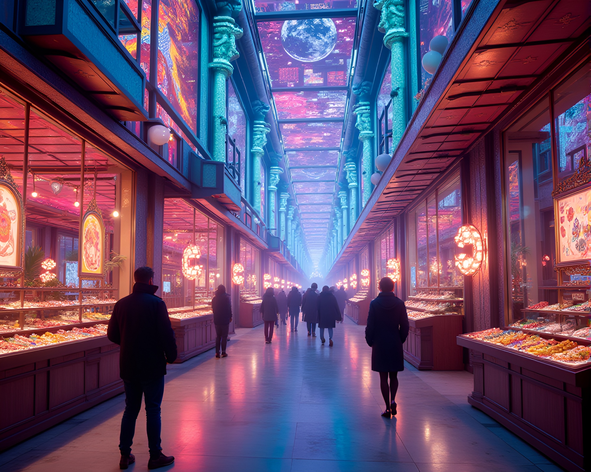 Futuristic Holographic Bazaar Sparkling with Art Deco Designs – free AI stock image