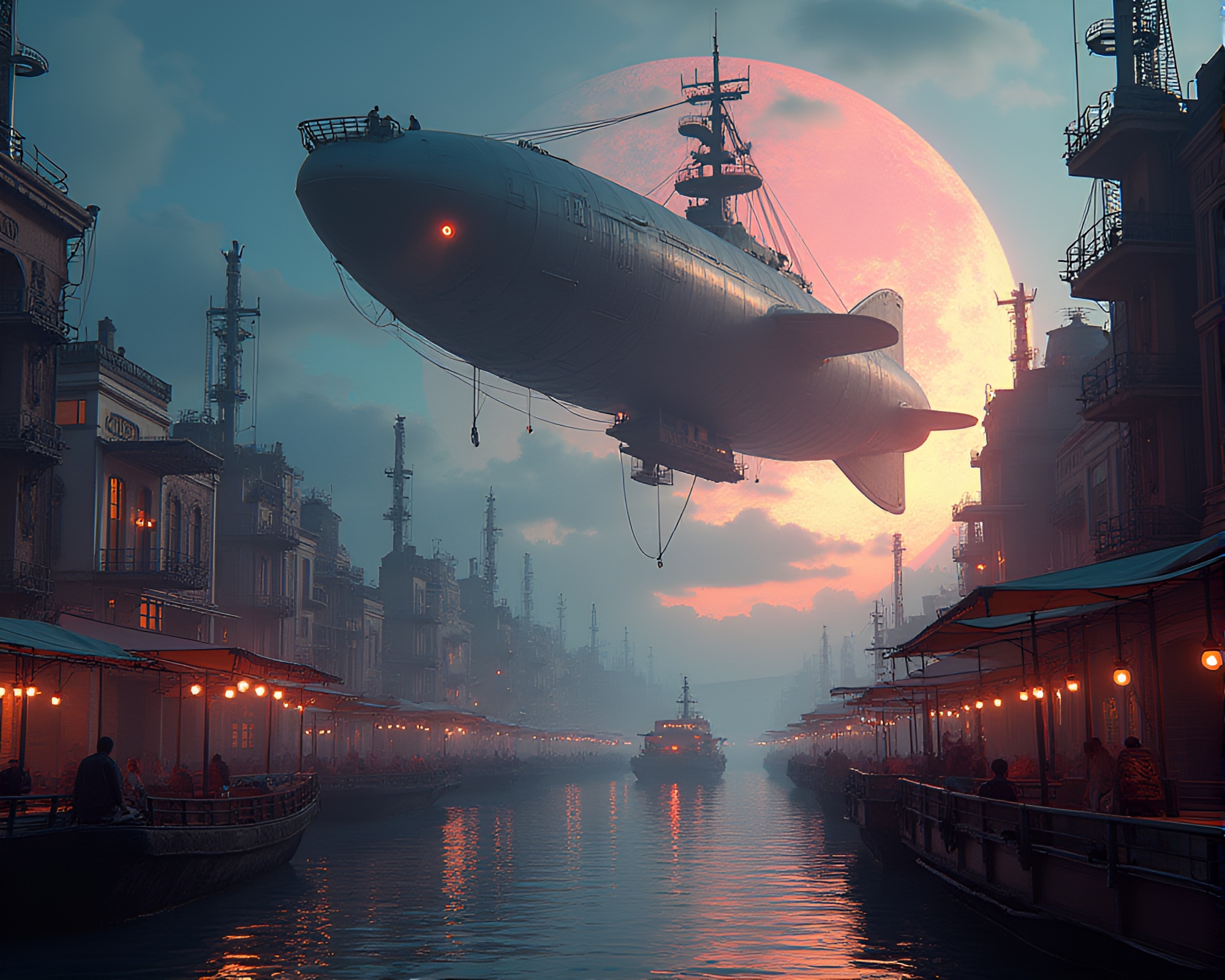 Bustling Steampunk Airship Port with Glitch Art Sky – free AI stock image