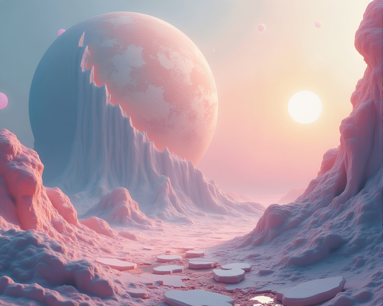 A surreal depiction of a shattered planet in pastel colors
