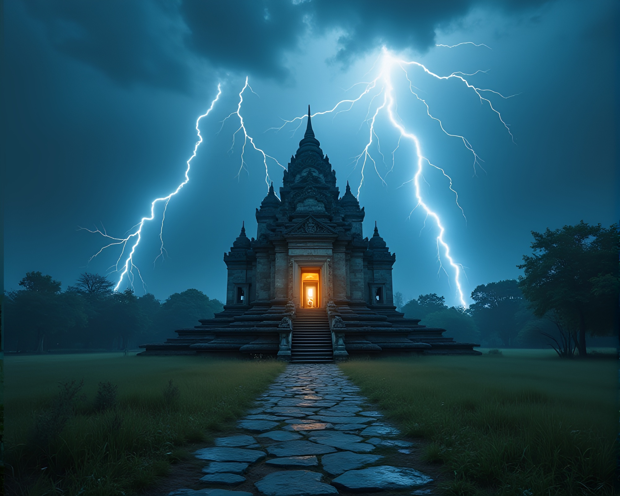 Ancient Temple Serenity Amid Ominous Electric Storm – free AI stock image