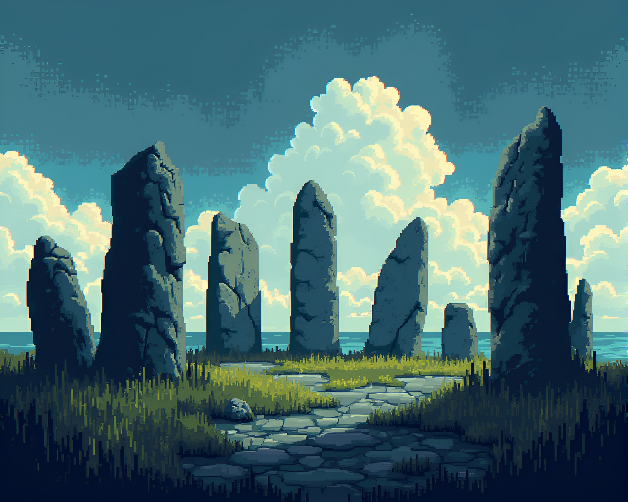 Ancient druidic stone circle in glitchy 8-bit art – free AI stock image