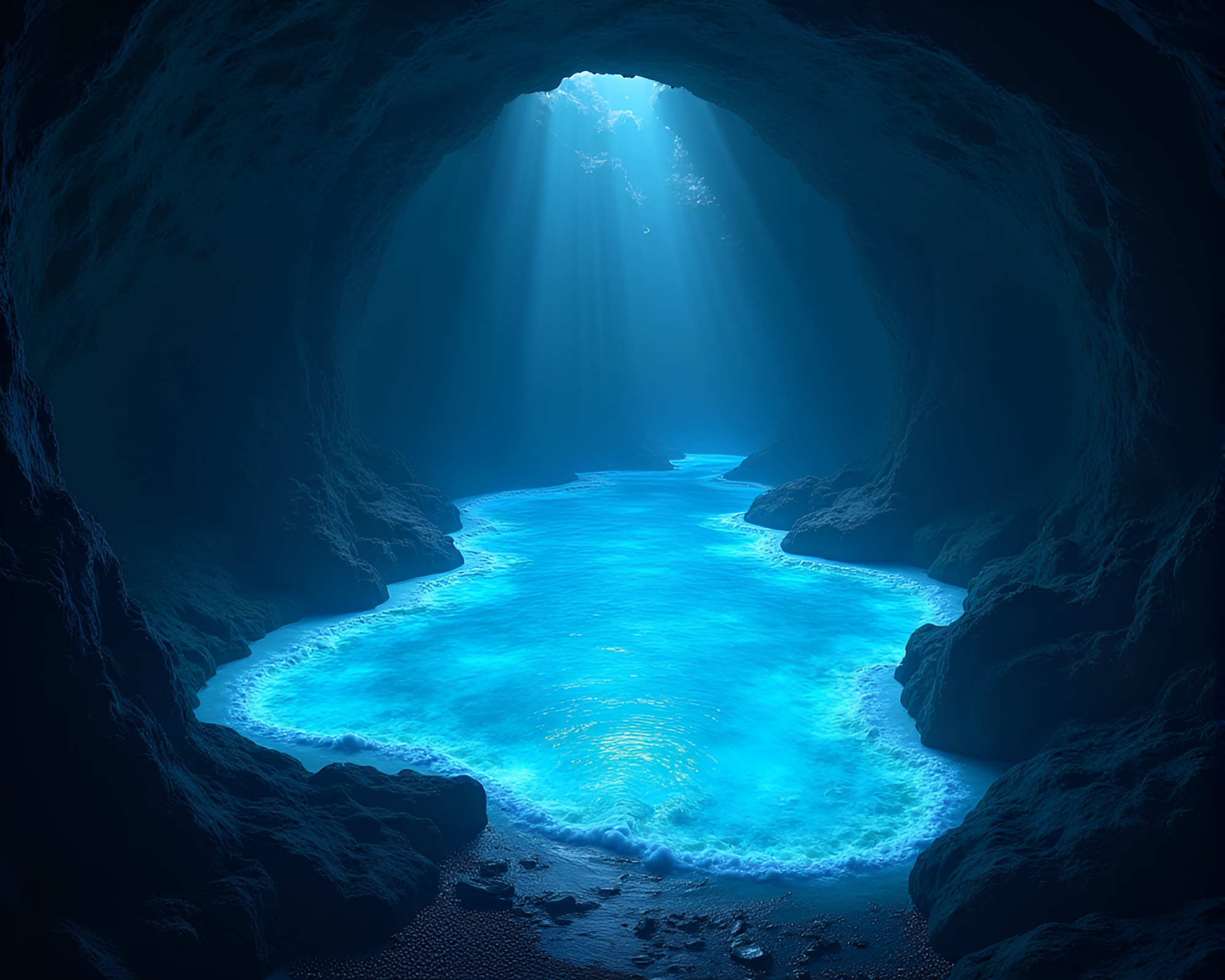 Enchanting Bioluminescent Tide Pool in Subterranean Cave – free AI stock image