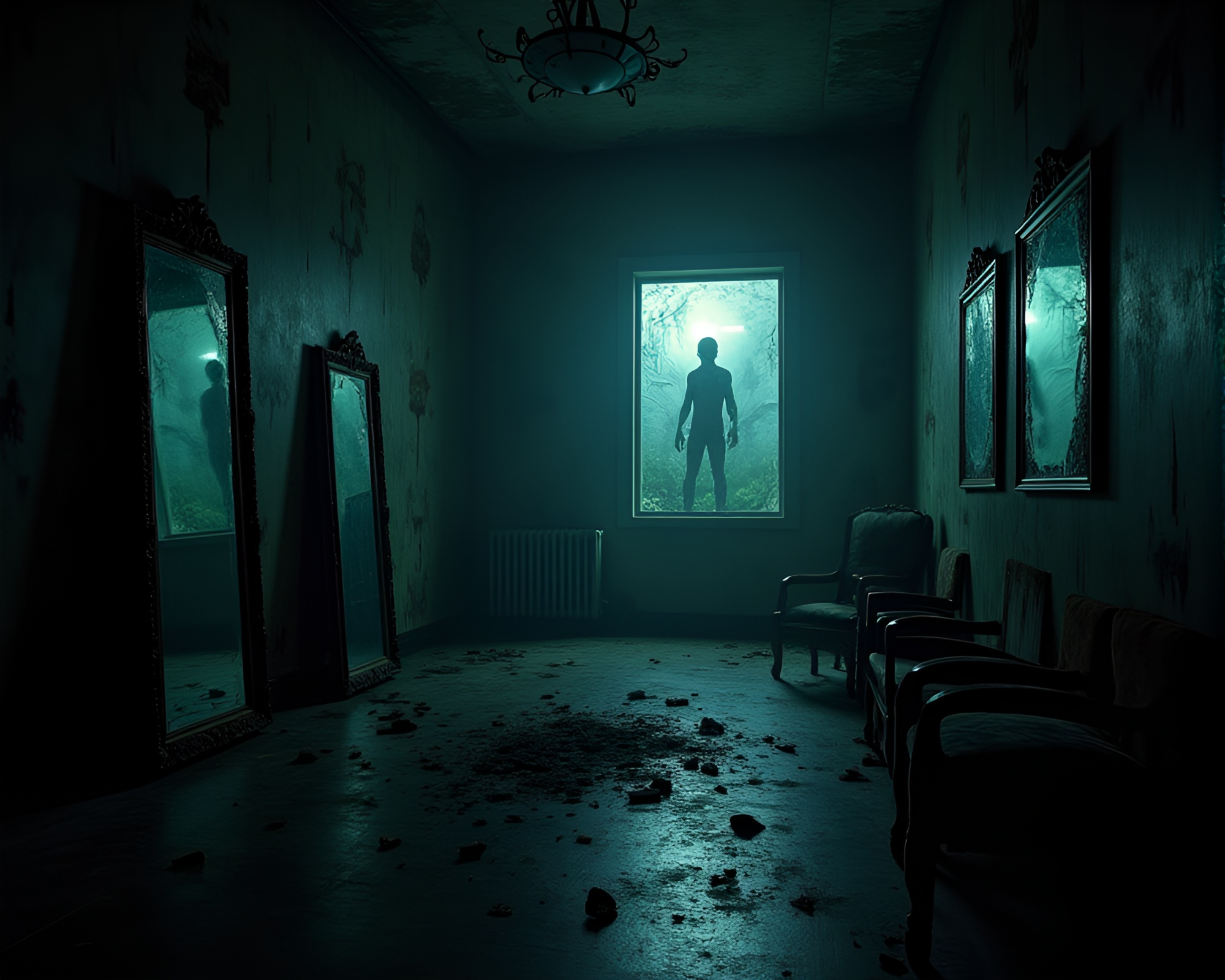 Twisted Mirrors in Dark and Claustrophobic Room – free AI stock image