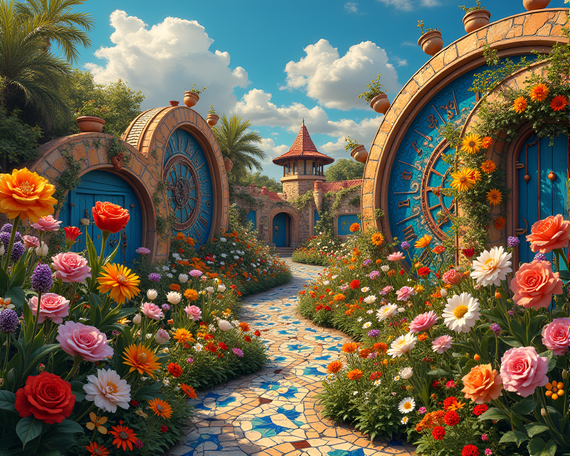 Enchanting Clockwork Garden Bursting with Jubilant Blossoms – free AI stock image