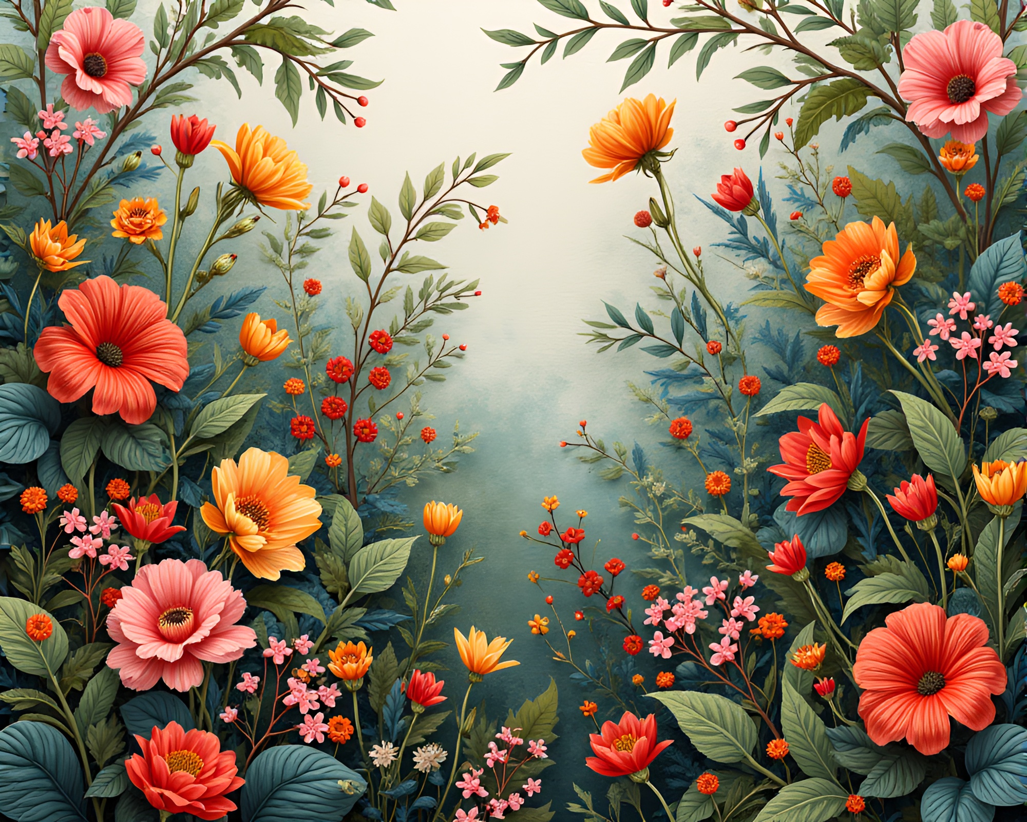 Botanical Garden in Full Bloom with Embroidery Pattern – free AI stock image