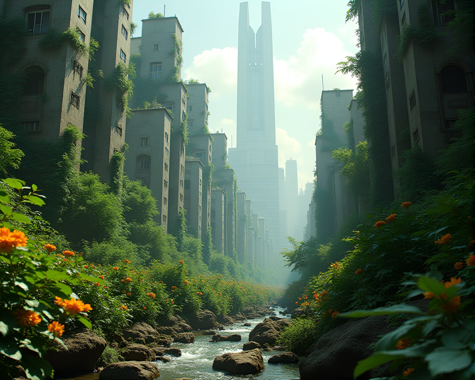 Overgrown city with vibrant plants showing nature reclaiming