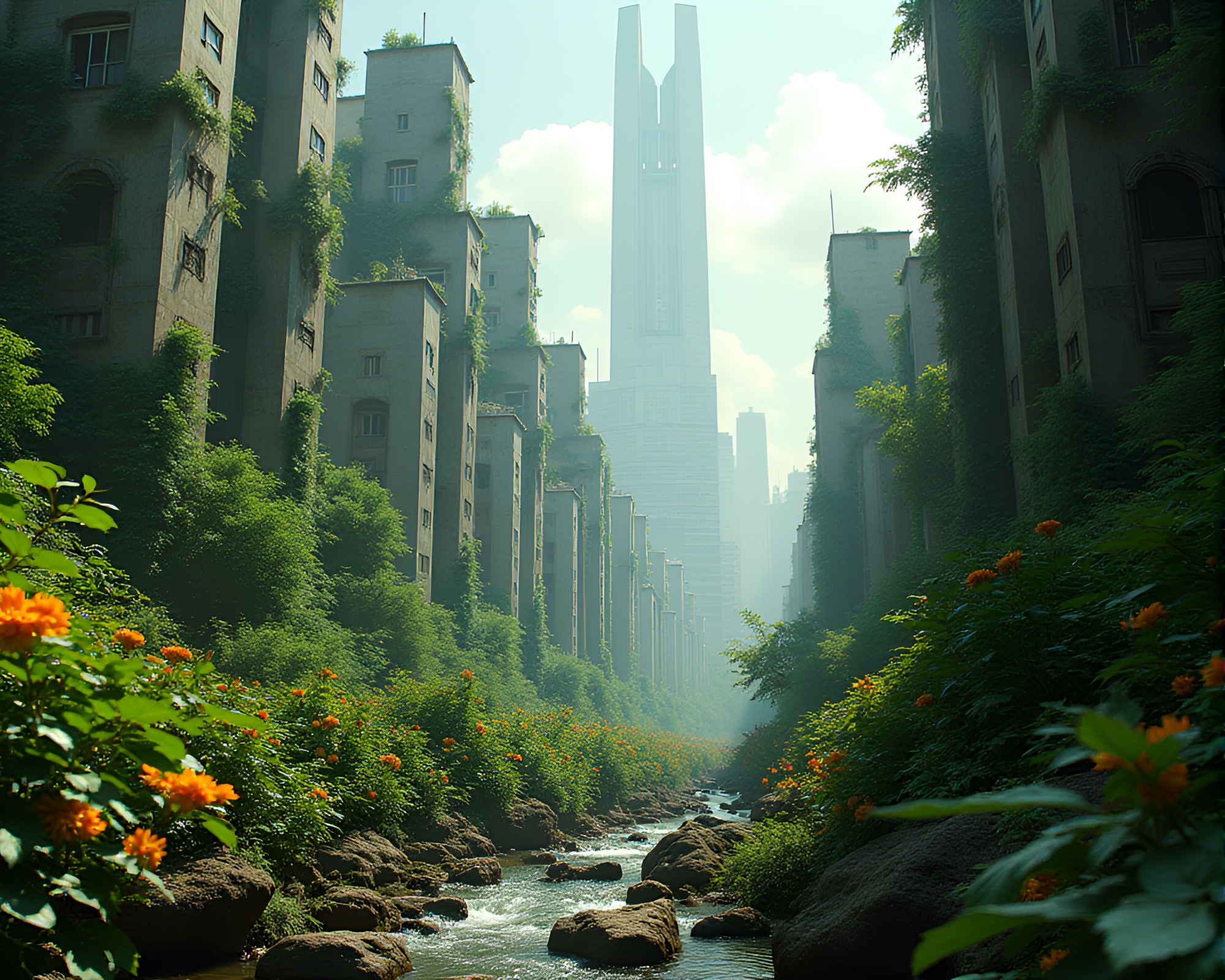 Dystopian City Reclaimed by Vibrant Greenery and Botanicals – free AI stock image