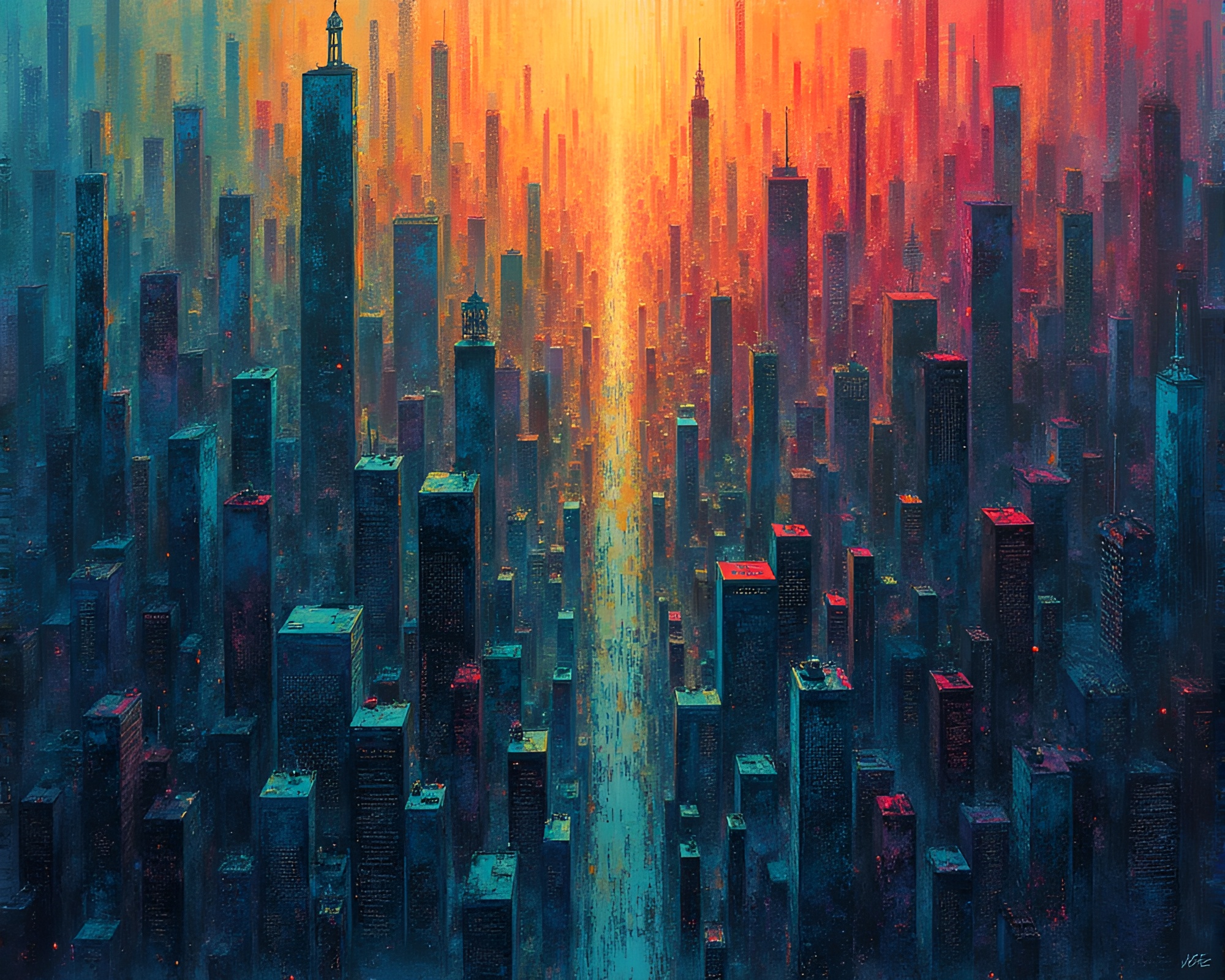 Melancholic Fractal City Grid Painted with Gouache Technique – free AI stock image