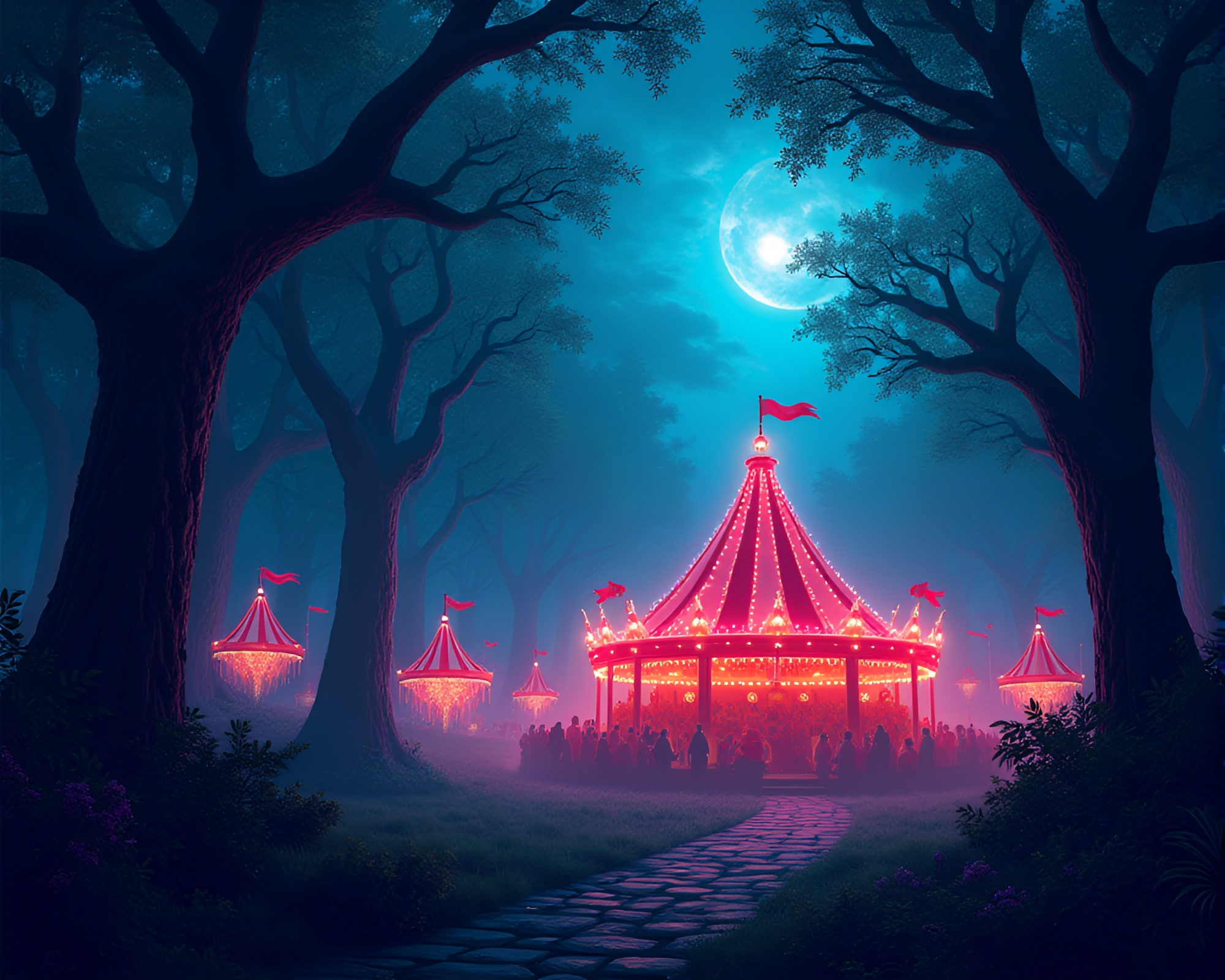 Spectral Carnival Awakens in Dark Mysterious Forest Illustration – free AI stock image