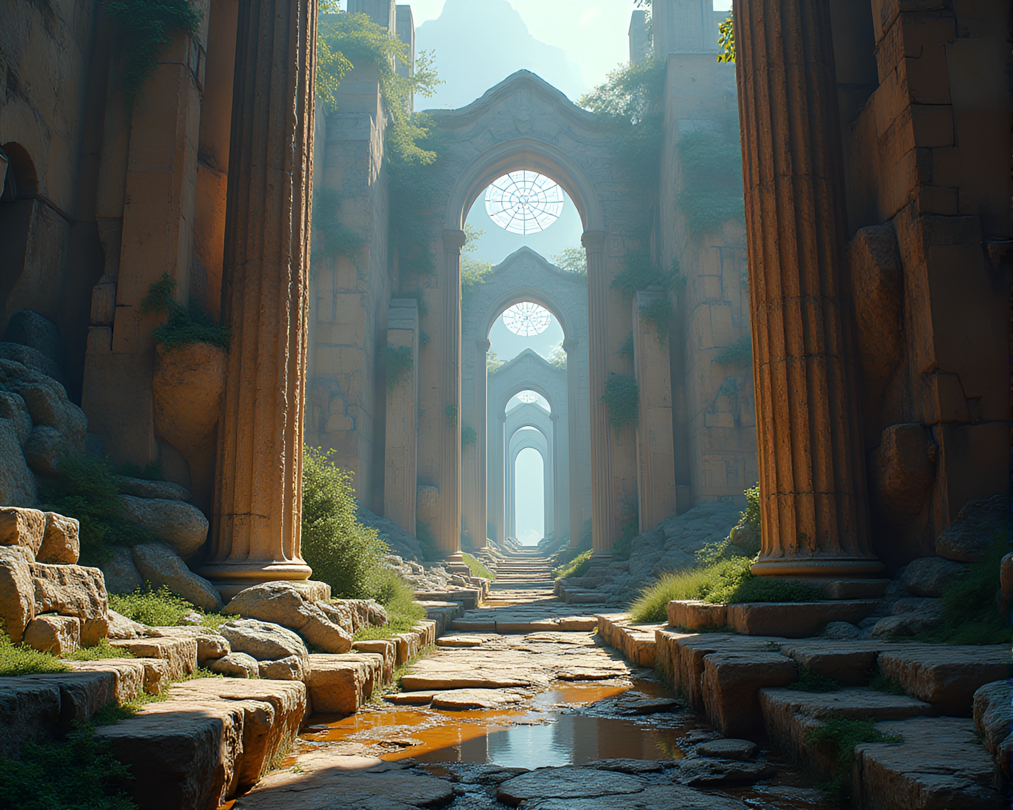 Ancient Ruins with Futuristic Stained Glass Windows – free AI stock image