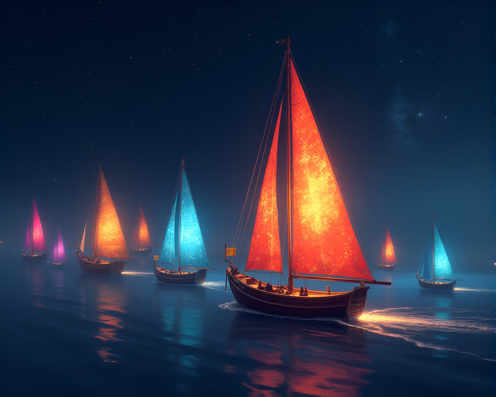 Colorful solar sail ships sailing through a bright starry sky