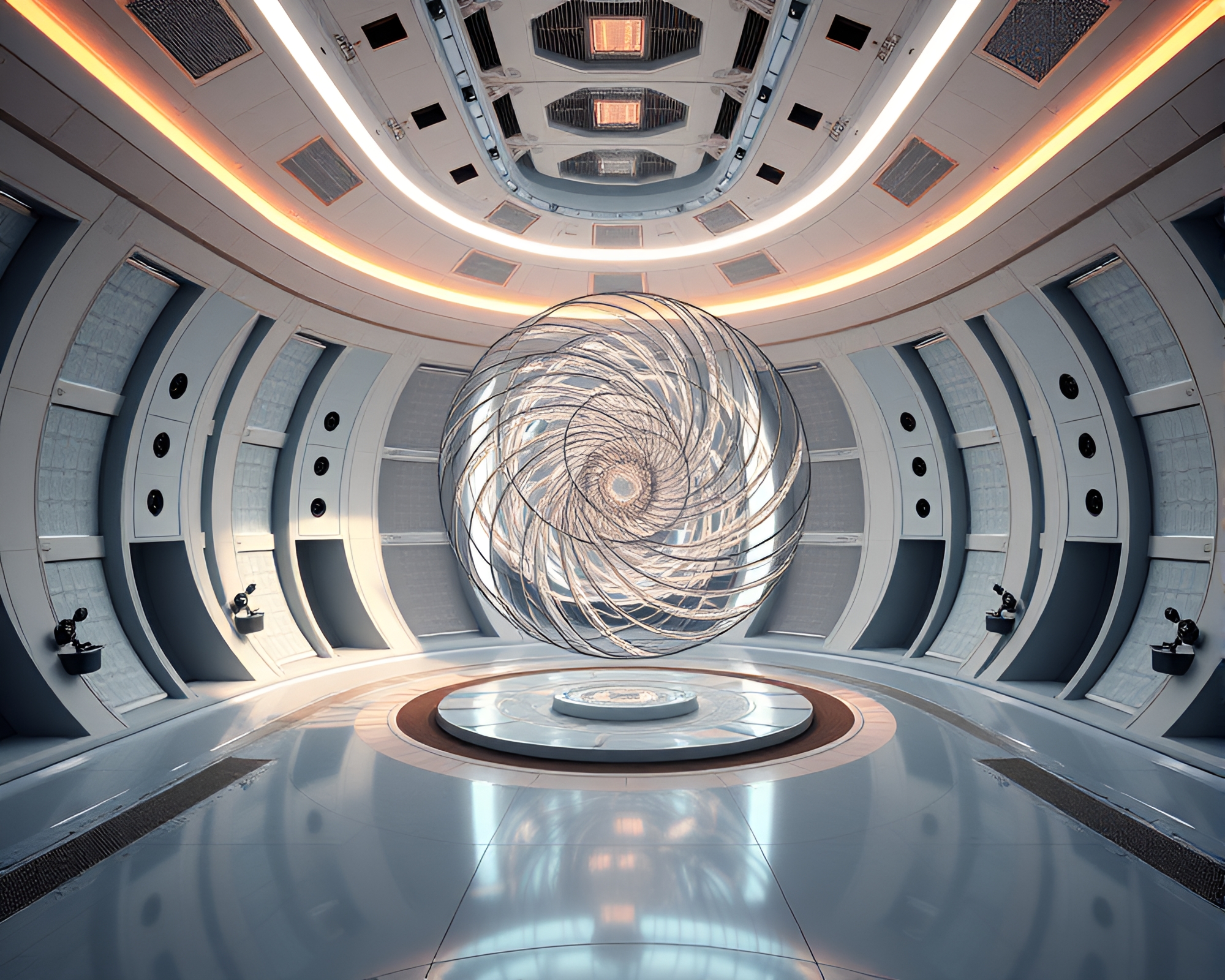 Tranquil Zero-Gravity Chamber with Mesmerizing Kinetic Sculpture – free AI stock image