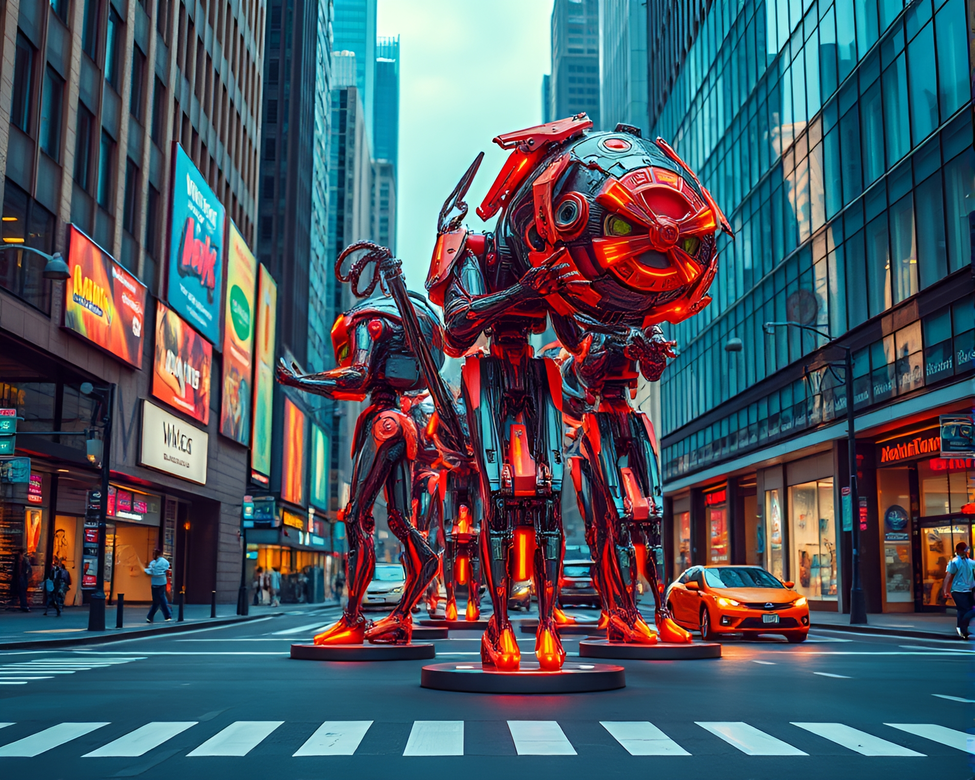 Futuristic Kinetic Sculptures in Sync on City Streets – free AI stock image