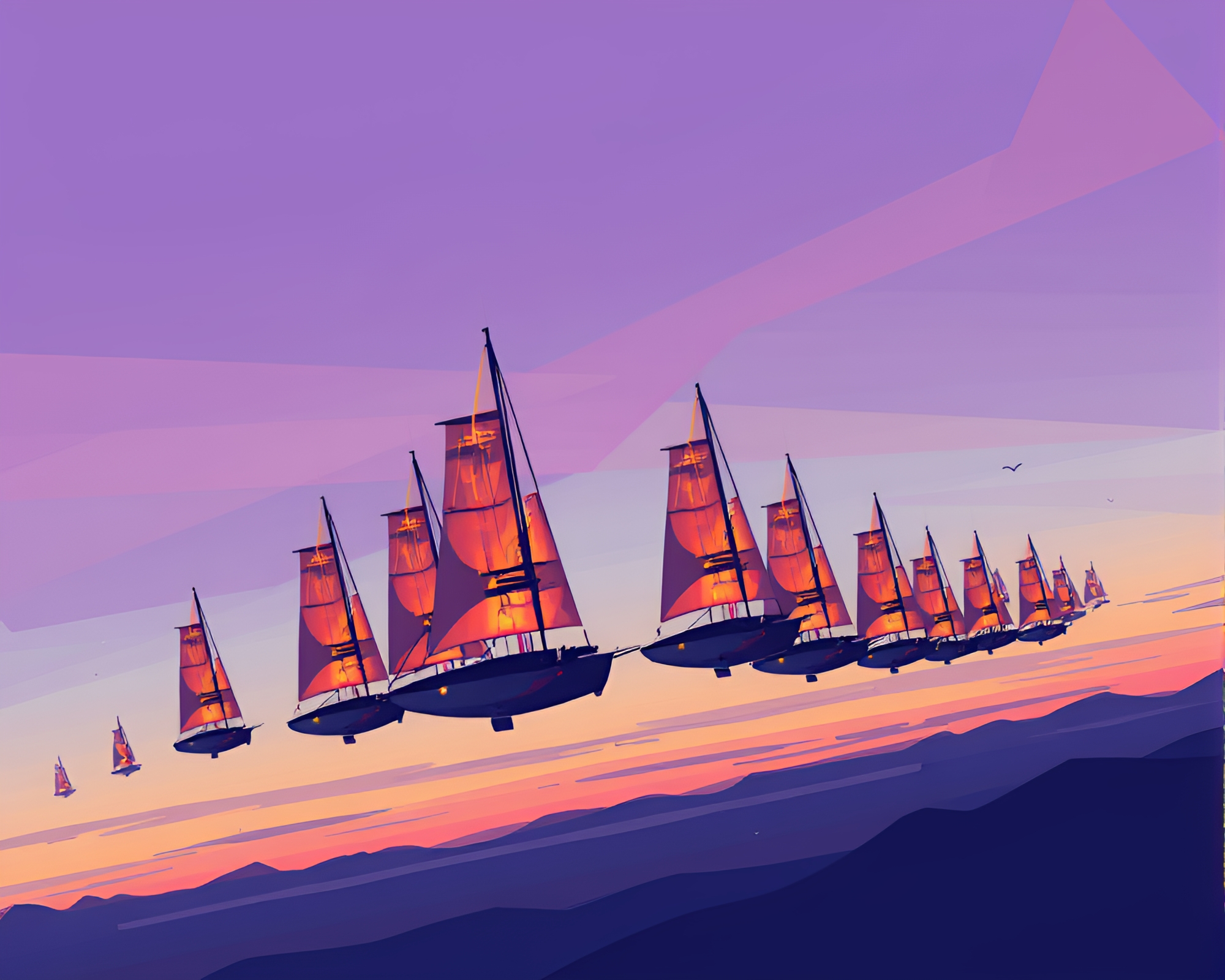 Futuristic Solar Sail Ships Glide in Cubist Twilight Sky – free AI stock image