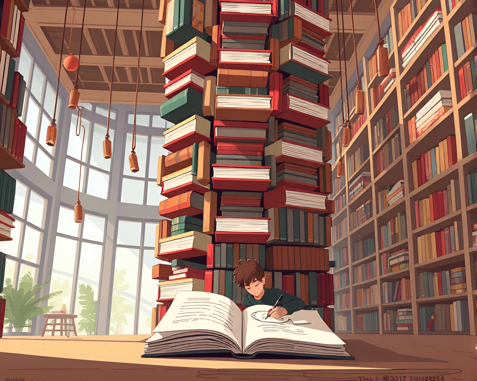 Book Tower with Sketching Artist in Library Setting – free AI stock image