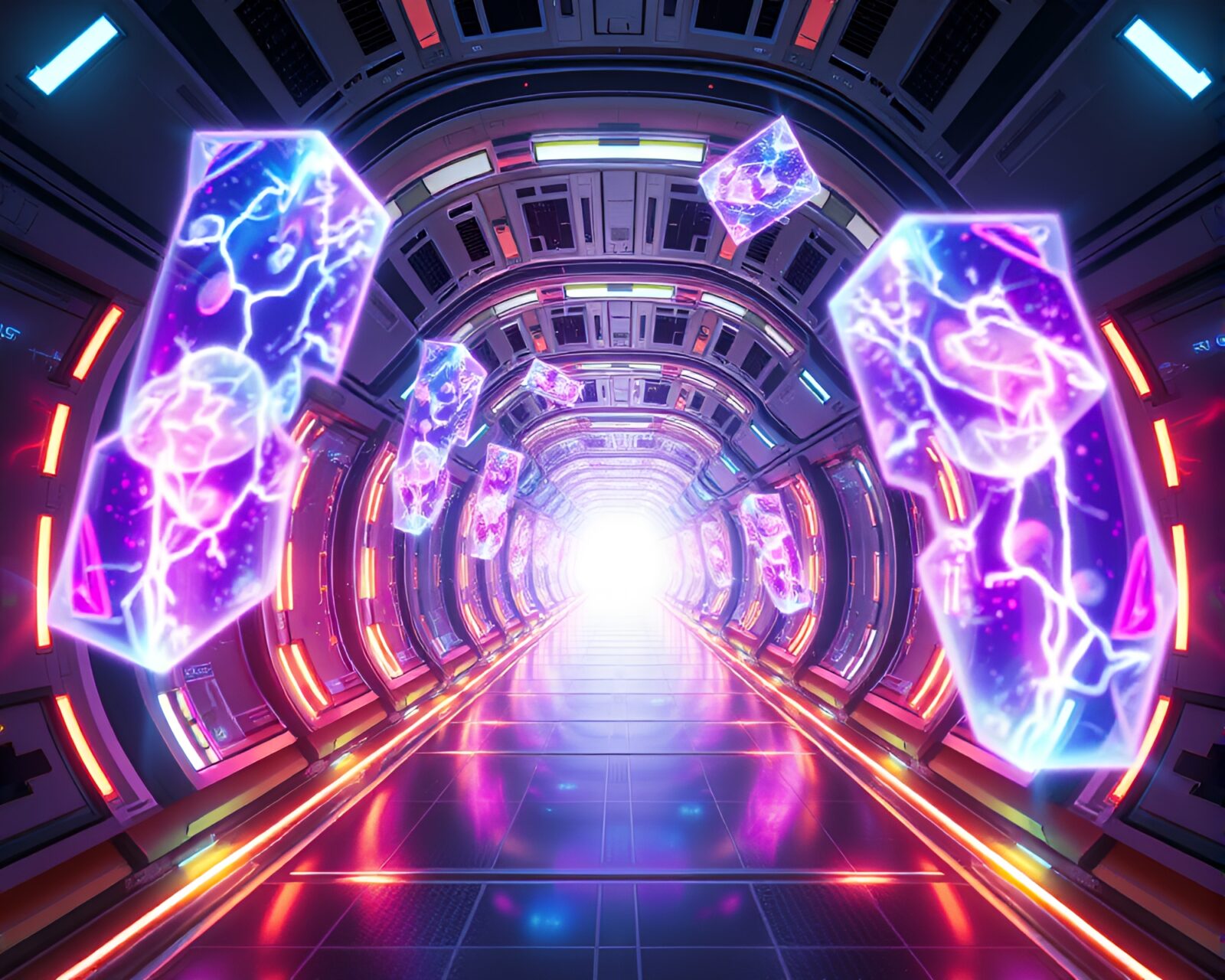 Vibrant abstract holograms in futuristic time-warp corridor