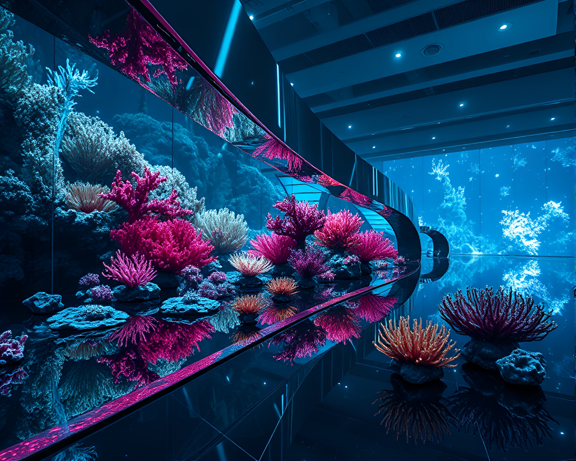 Otherworldly Coral Forest Reflected in Modern Art Installation – free AI stock image