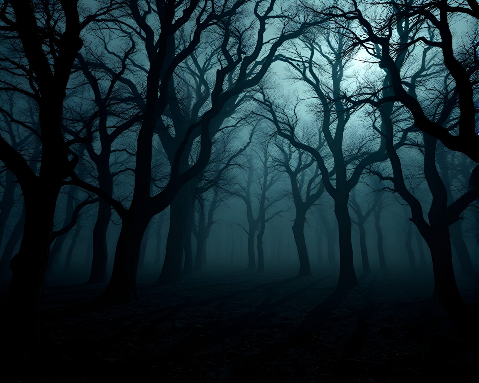 Shadowy oak forest with haunting 3D-rendered trees