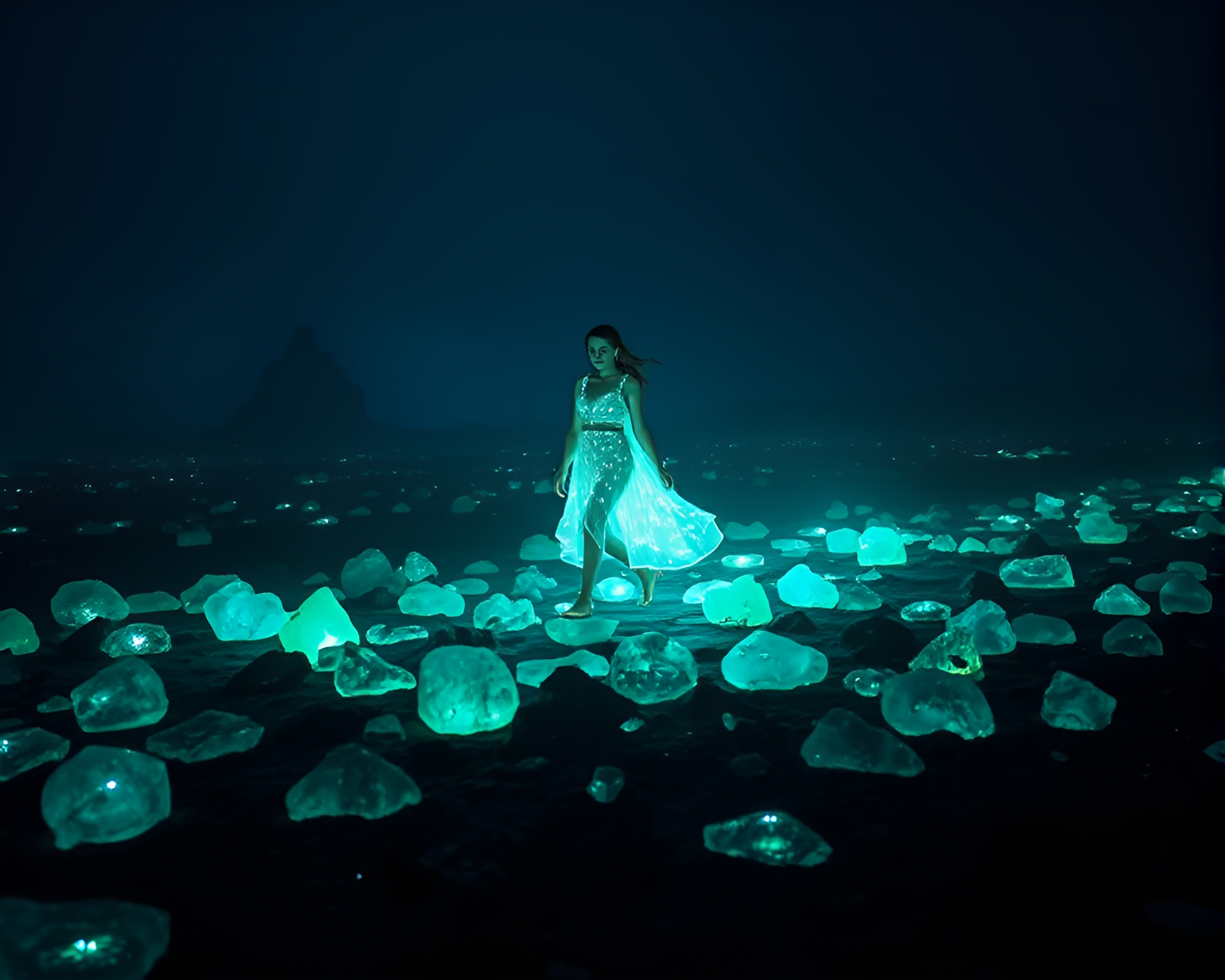 Ethereal Woman in Bioluminescent Fashion on Volcanic Glass Fields – free AI stock image