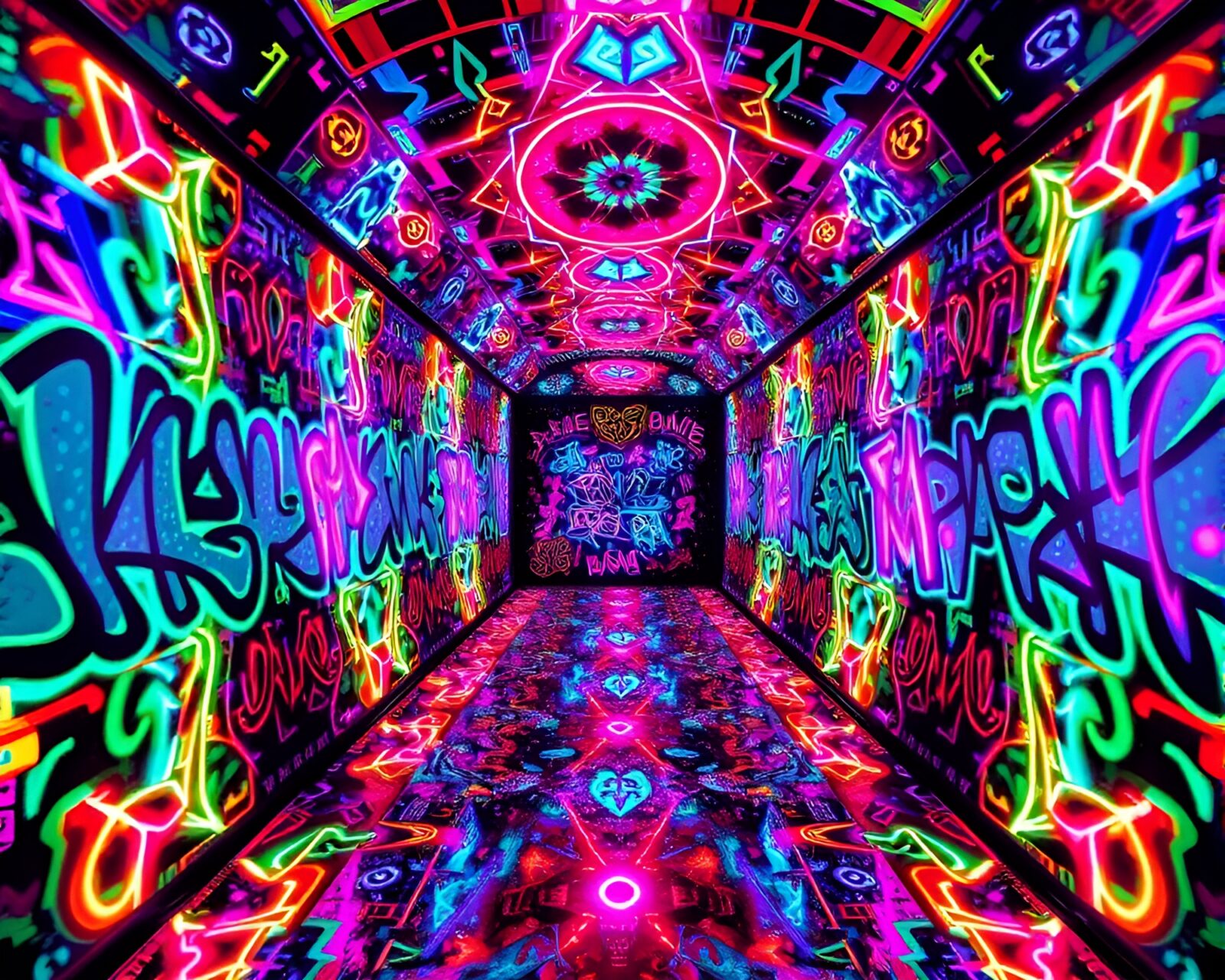 Luminous kaleidoscopic dimension covered in vibrant neon graffiti art