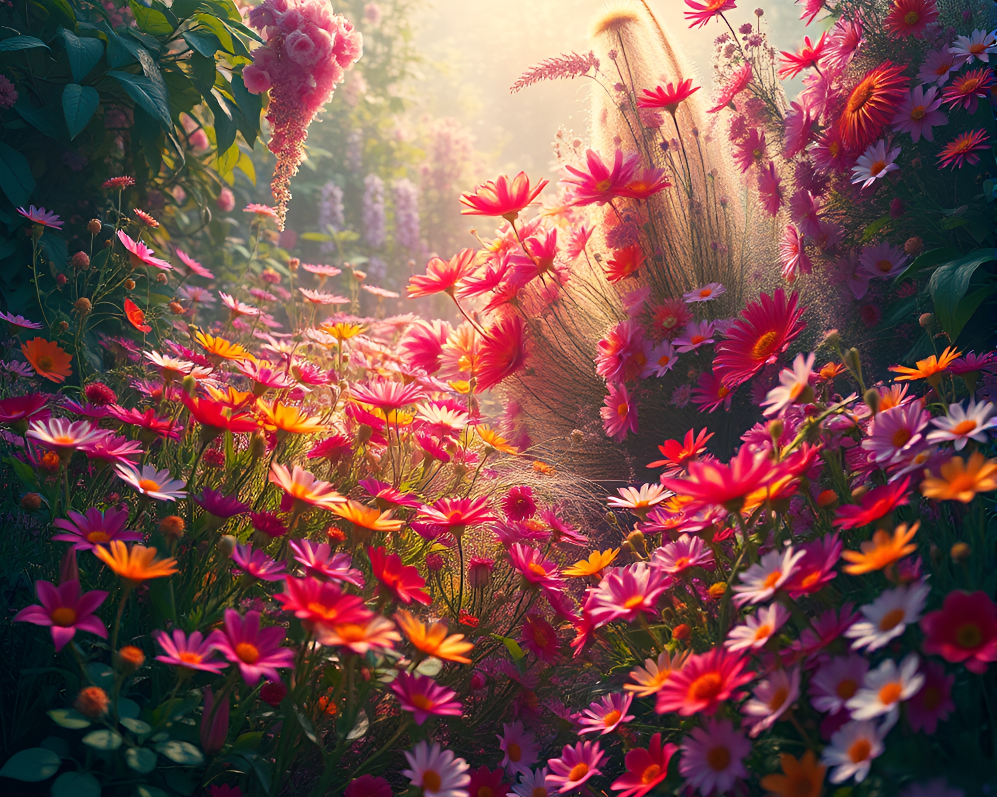 Enchanting Botanical Overgrowth Bursting with Colorful Flowers – free AI stock image