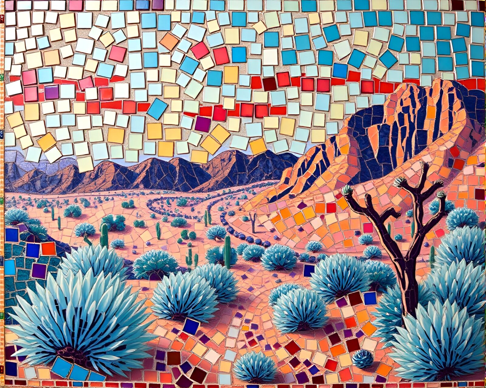 Vibrant glass shard mosaic depicting a shimmering desert scene