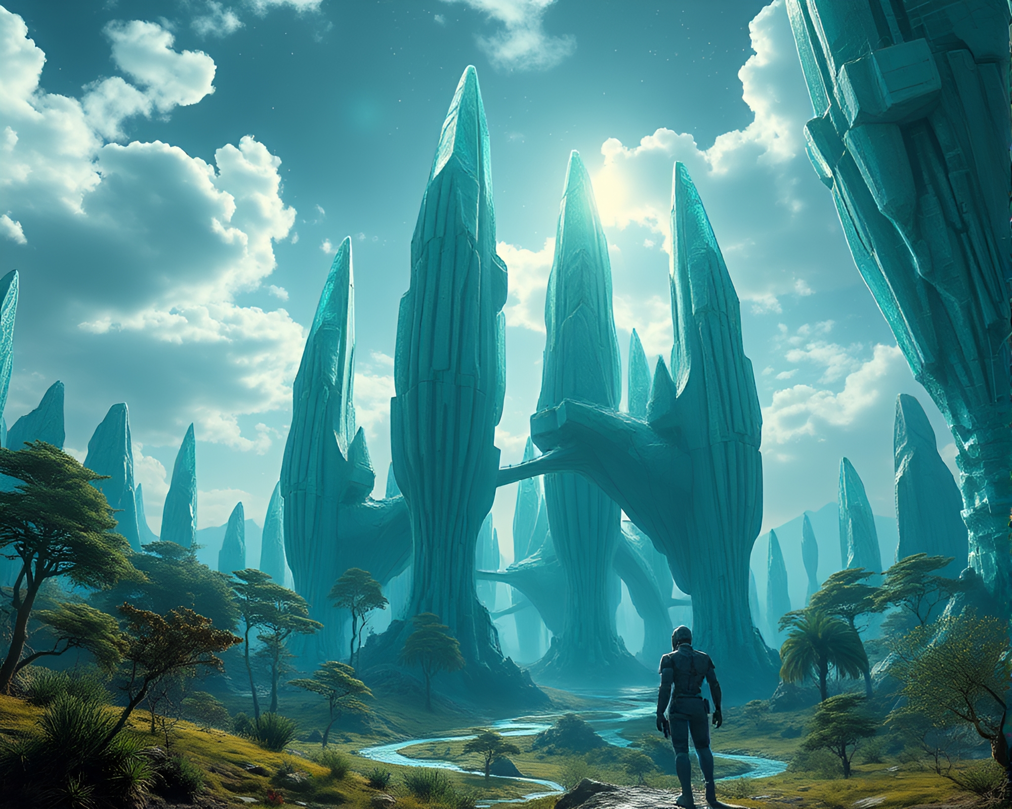 Technologically Enhanced Humanoid Stands Among Silicon Crystal Trees – free AI stock image