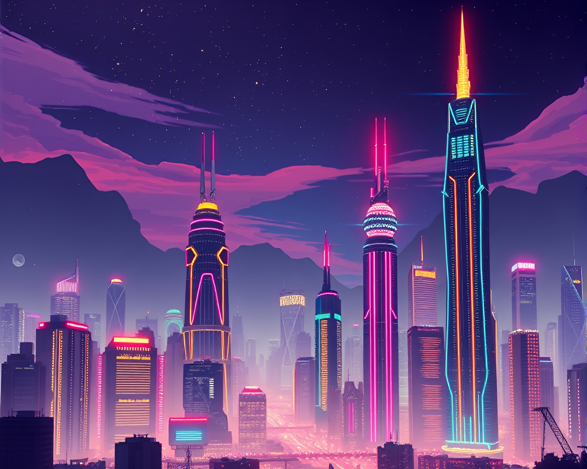 Neon-lit skyscrapers in retro-futuristic metropolis – free AI stock image