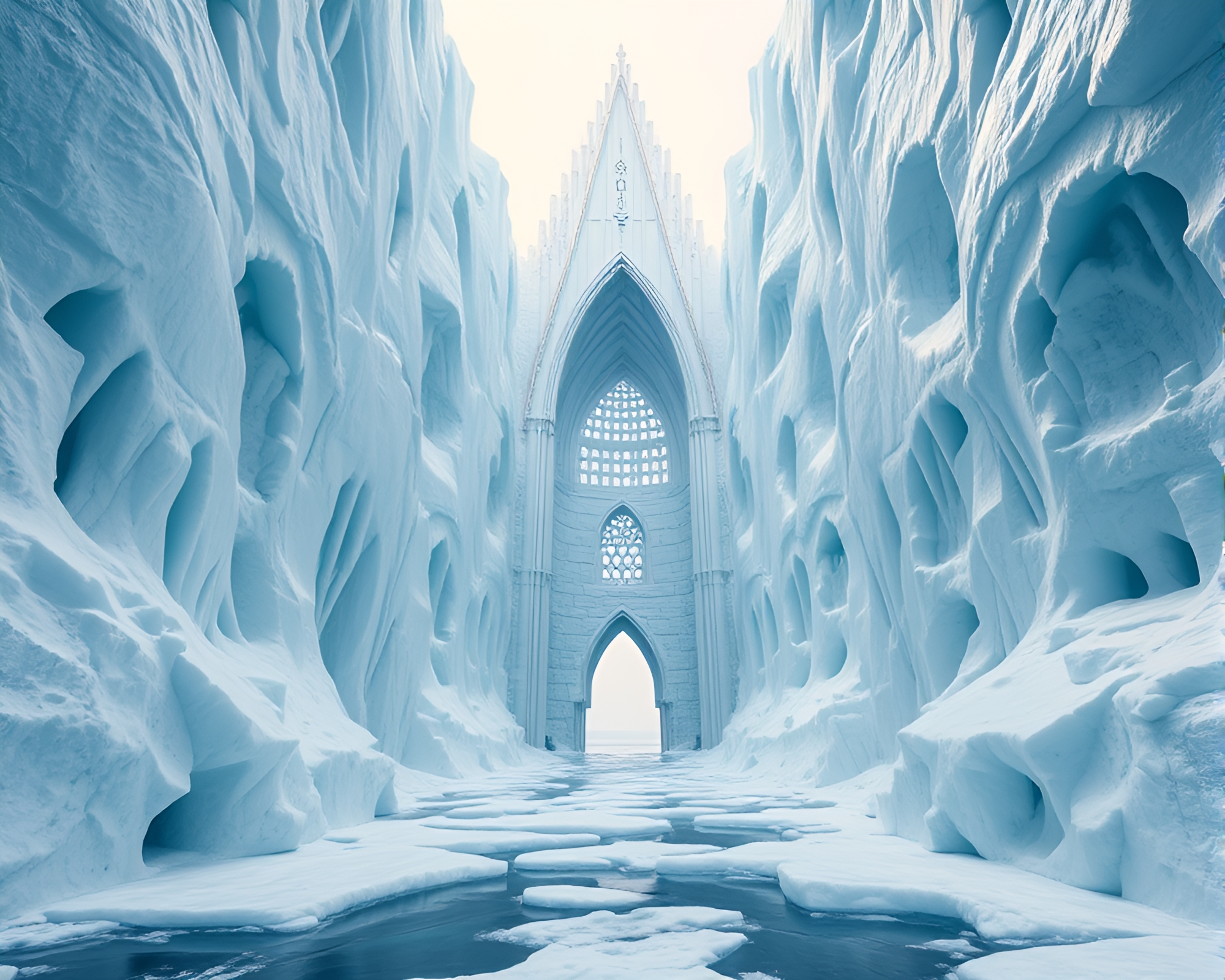 Majestic ice cathedral maze in 3D panorama – free AI stock image