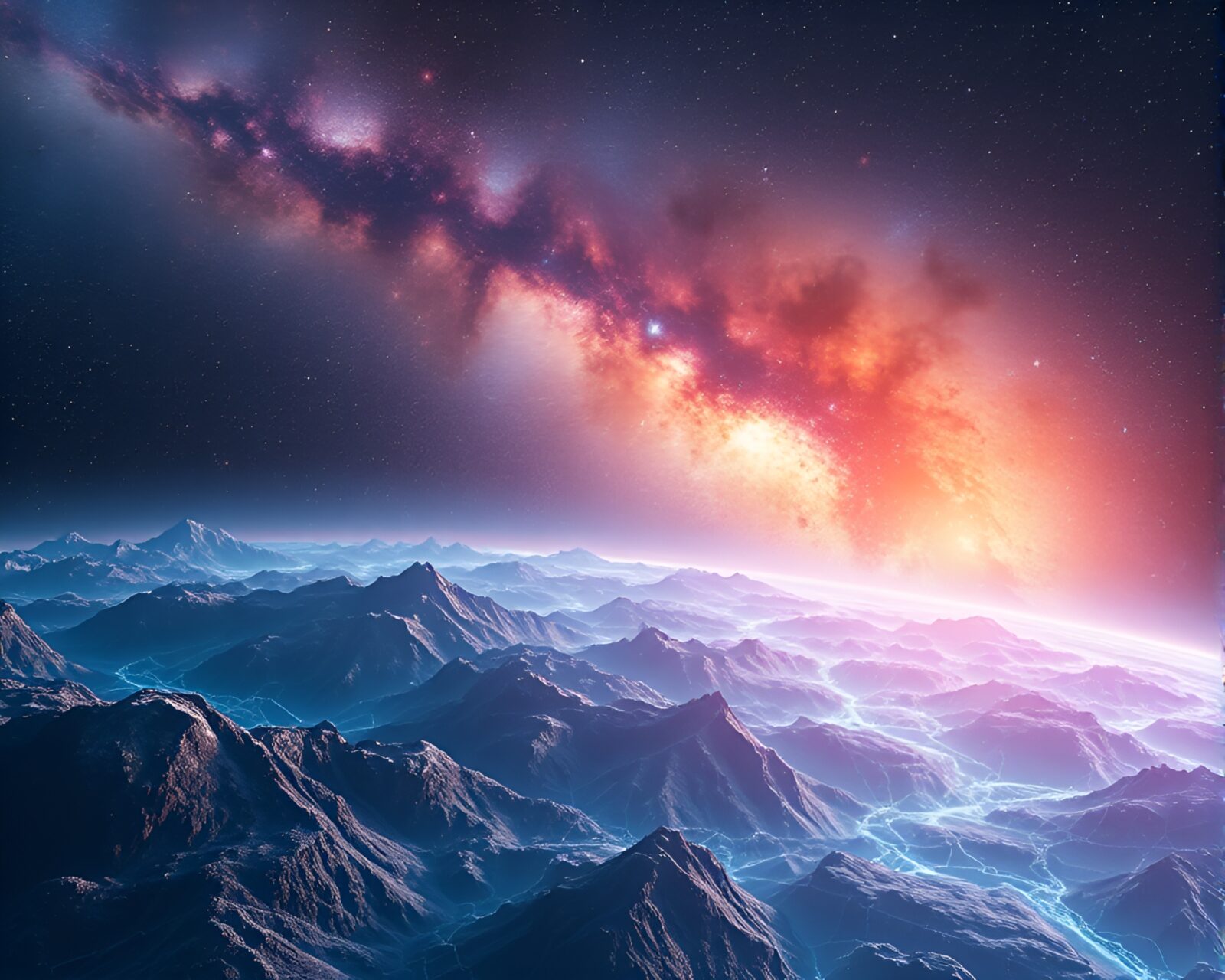 Vibrant cosmic landscape with futuristic data stream visualization