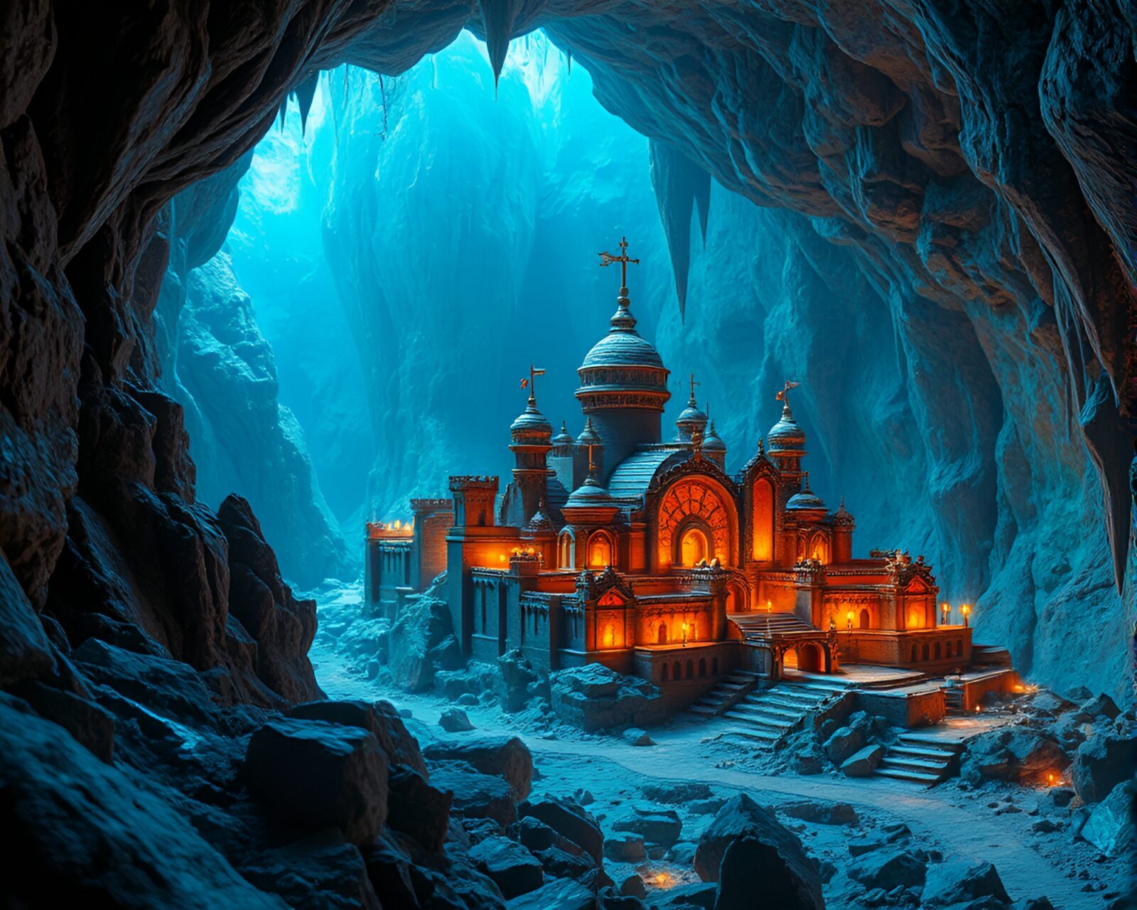 Rustic 3D model of ancient city emerging in crystalline cavern
